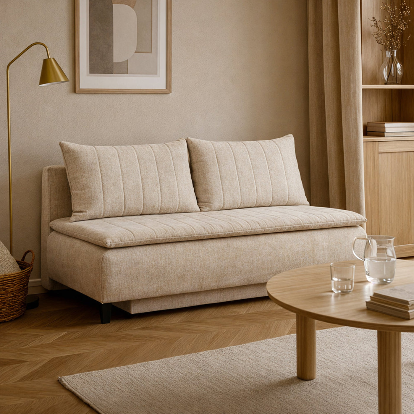 HARVEY Canapé 3 places convertible avec coffre en tissu beige - Canapés convertibles - Mobilier Deco