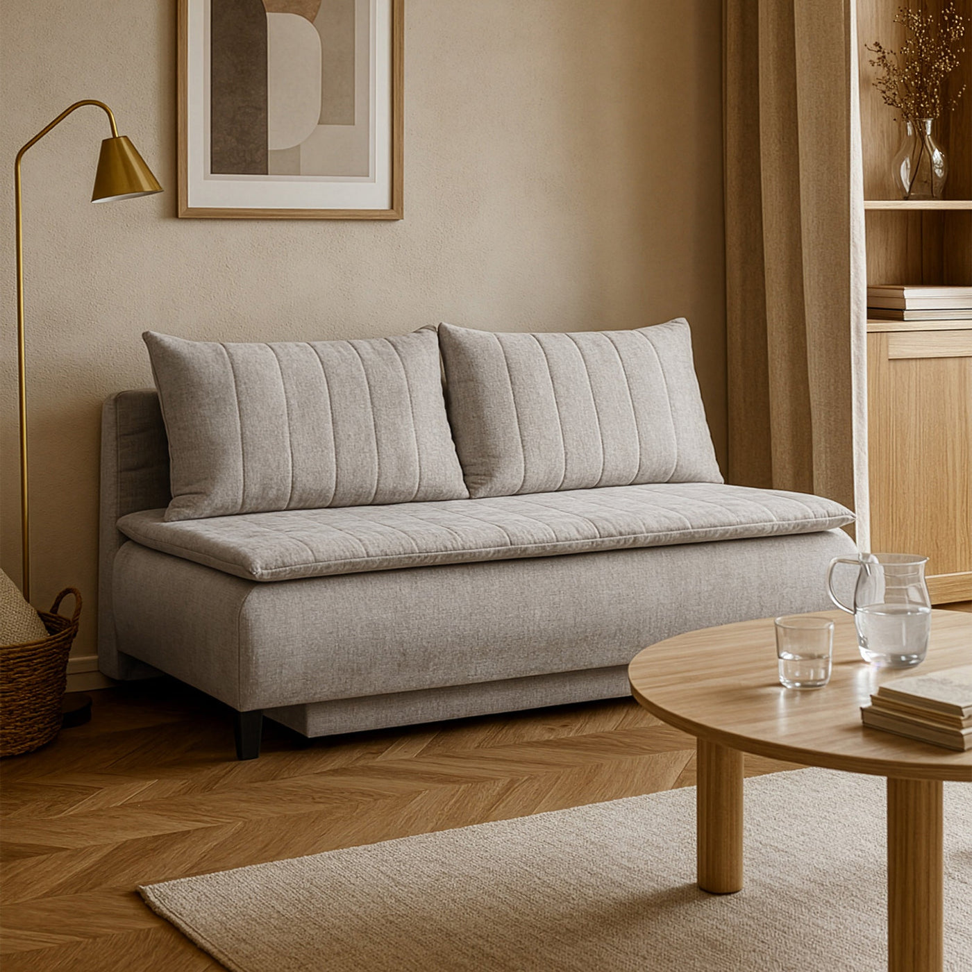 HARVEY Canapé 3 places convertible avec coffre en tissu taupe clair - Canapés convertibles - Mobilier Deco
