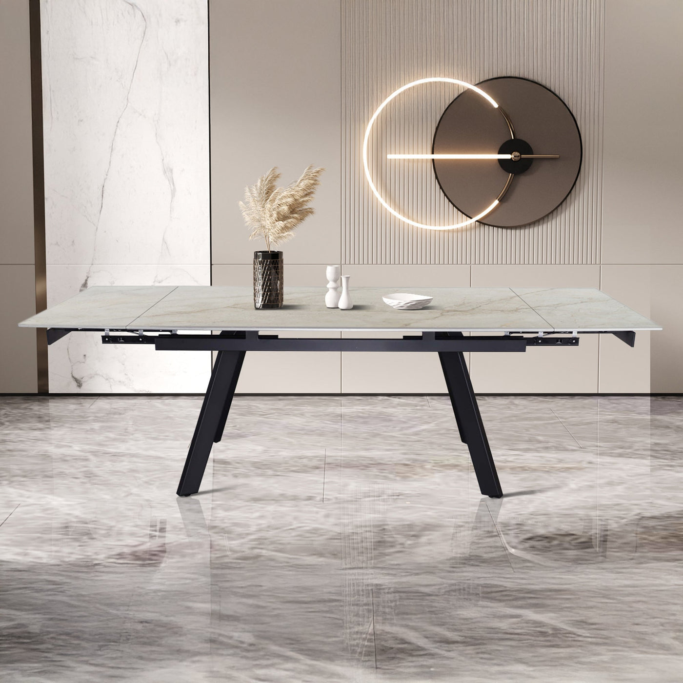 HERA Table extensible en pierre frittée beige pieds en métal noir 160-240 cm - Table à manger - Mobilier Deco