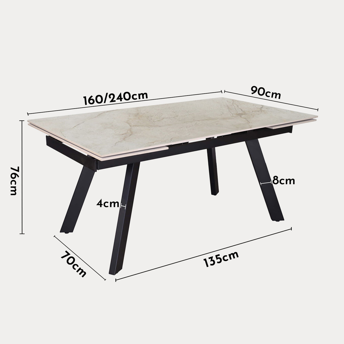 HERA Table extensible en pierre frittée beige pieds en métal noir 160-240 cm - Table à manger - Mobilier Deco