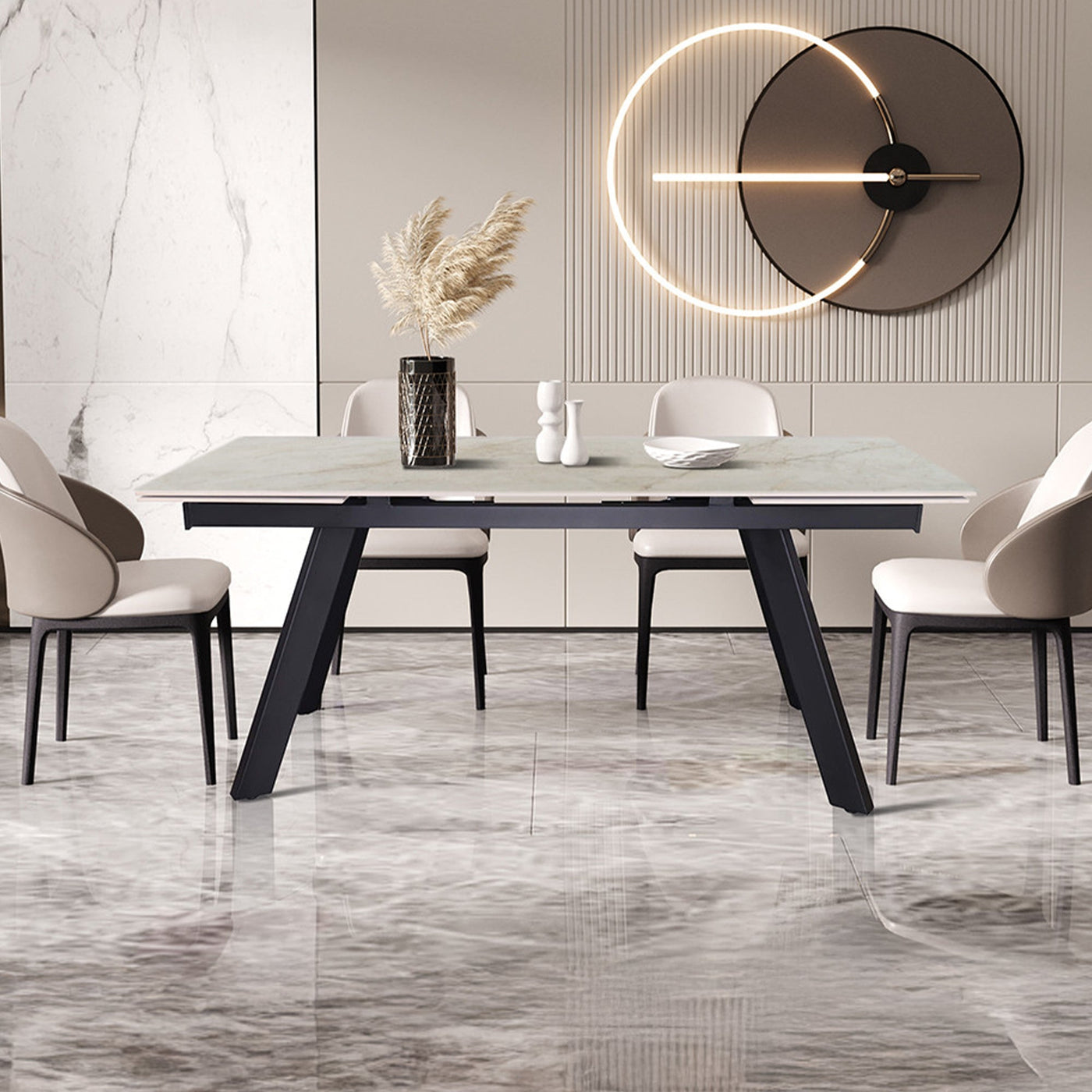 HERA Table extensible en pierre frittée beige pieds en métal noir 160-240 cm - Table à manger - Mobilier Deco