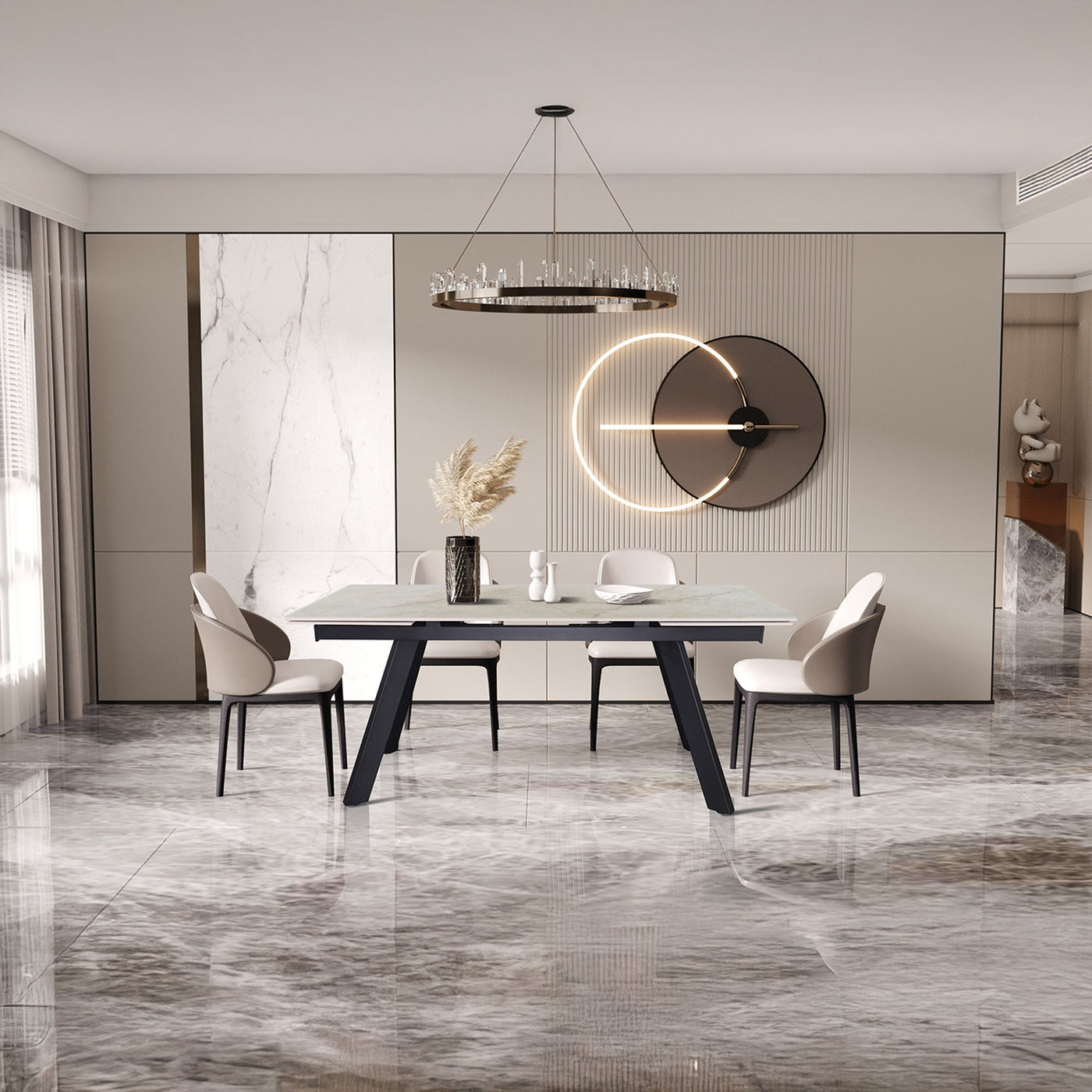 HERA Table extensible en pierre frittée beige pieds en métal noir 160-240 cm - Table à manger - Mobilier Deco