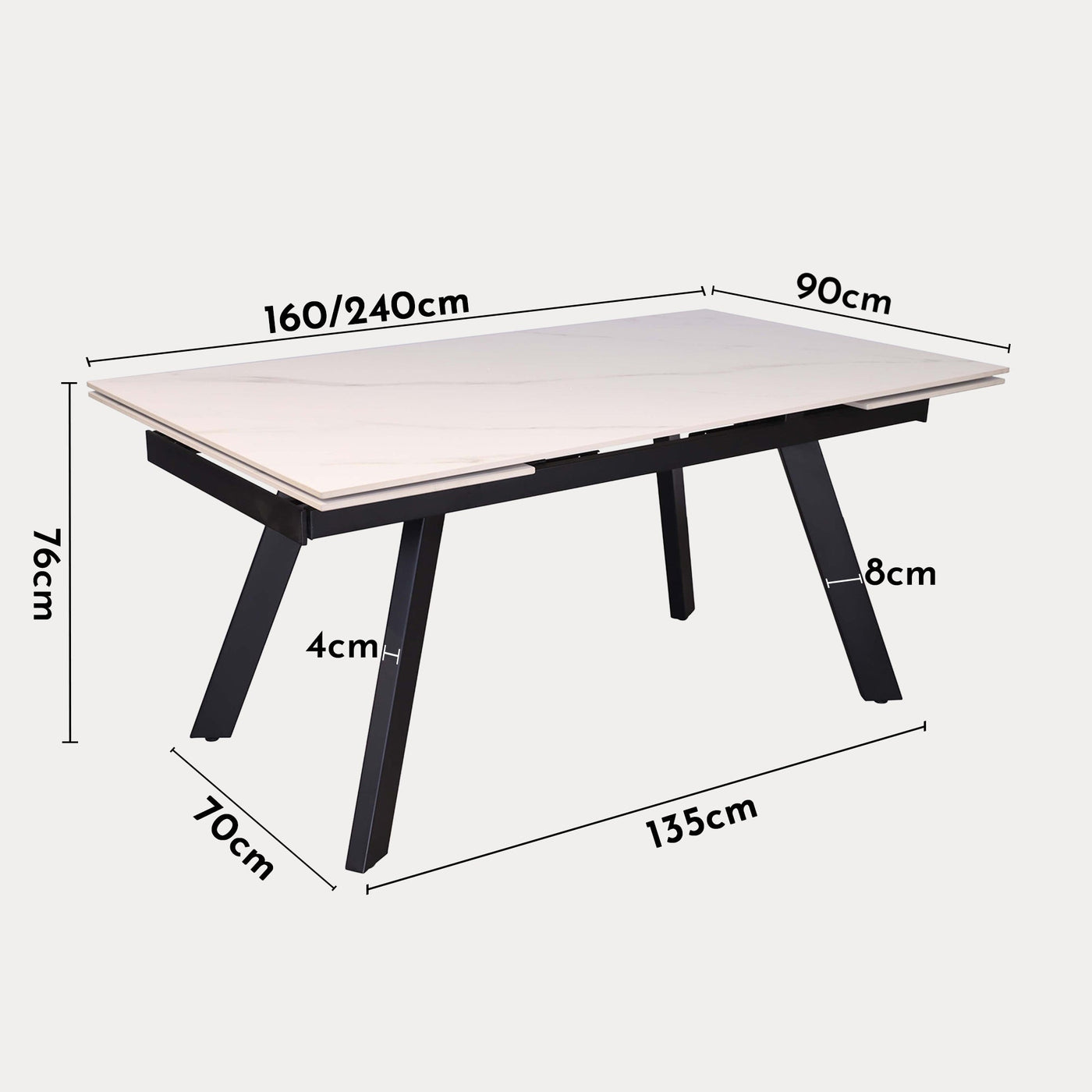 HERA Table extensible en pierre frittée blanc pieds en métal noir 160-240 cm - Table à manger - Mobilier Deco