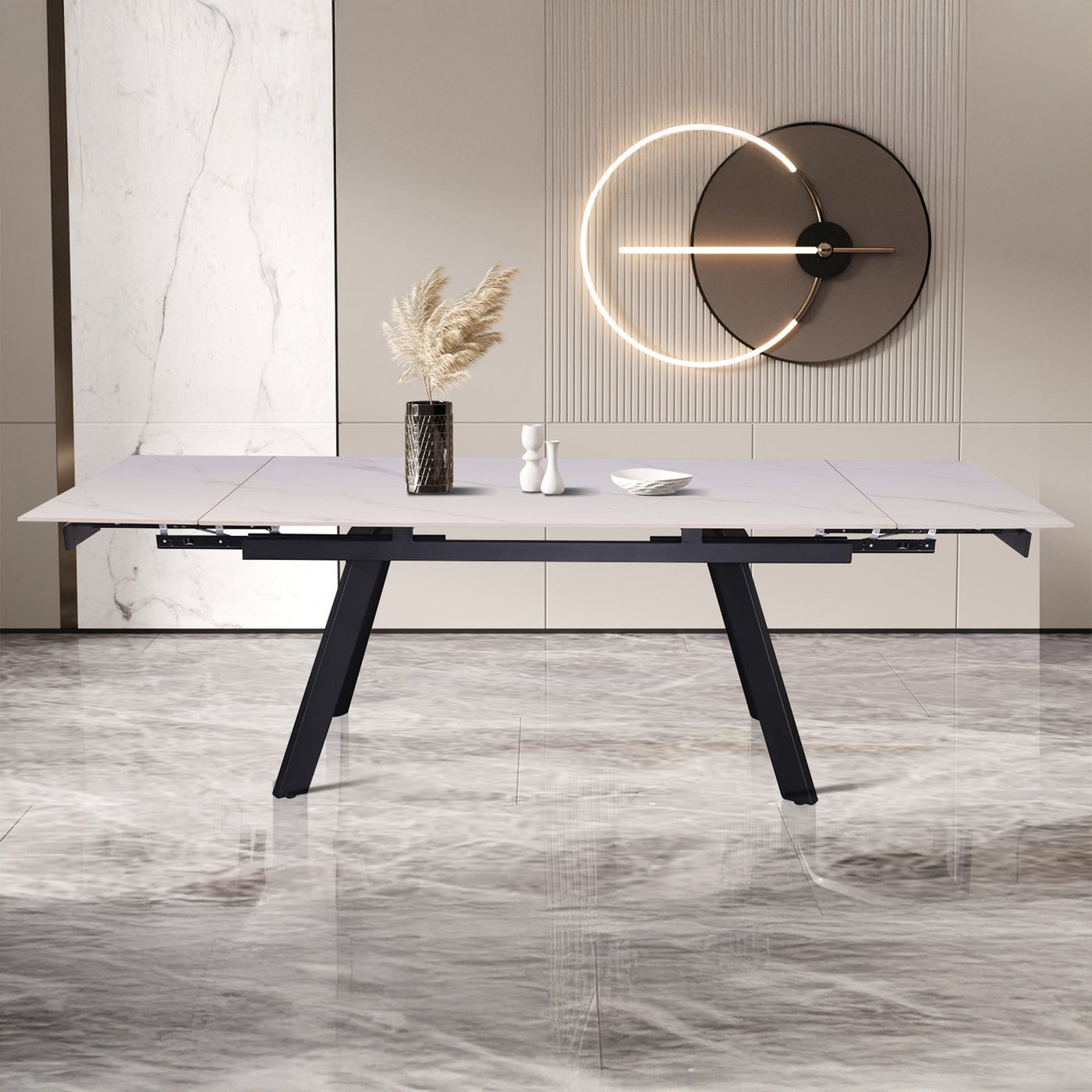 HERA Table extensible en pierre frittée blanc pieds en métal noir 160-240 cm - Table à manger - Mobilier Deco