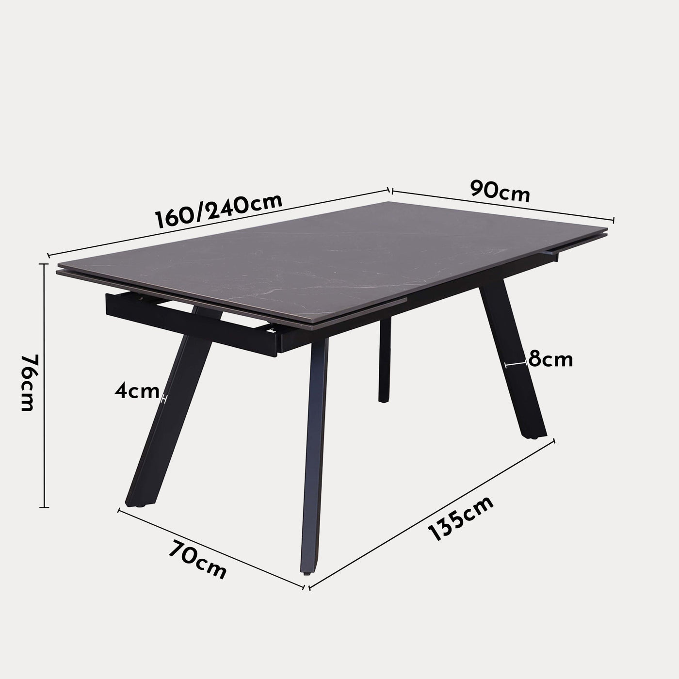 HERA Table extensible en pierre frittée noir pieds en métal noir 160-240 cm - Table à manger - Mobilier Deco