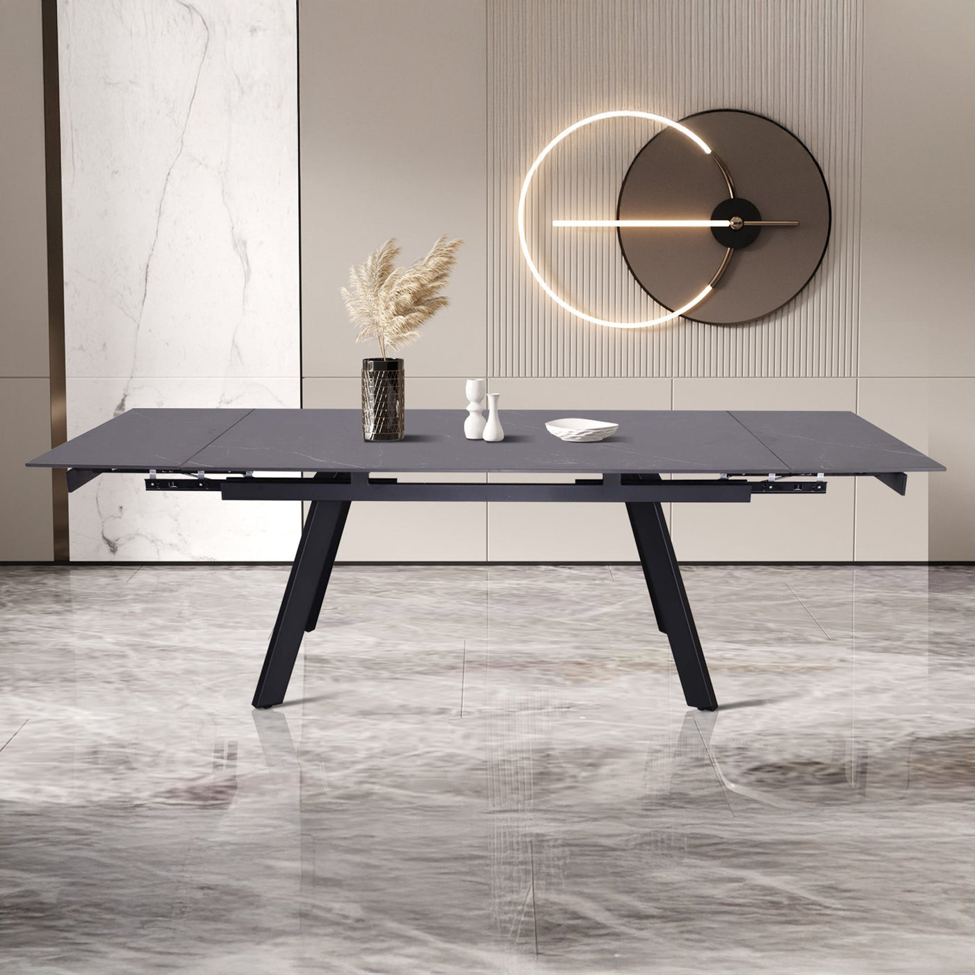 HERA Table extensible en pierre frittée noir pieds en métal noir 160-240 cm - Table à manger - Mobilier Deco
