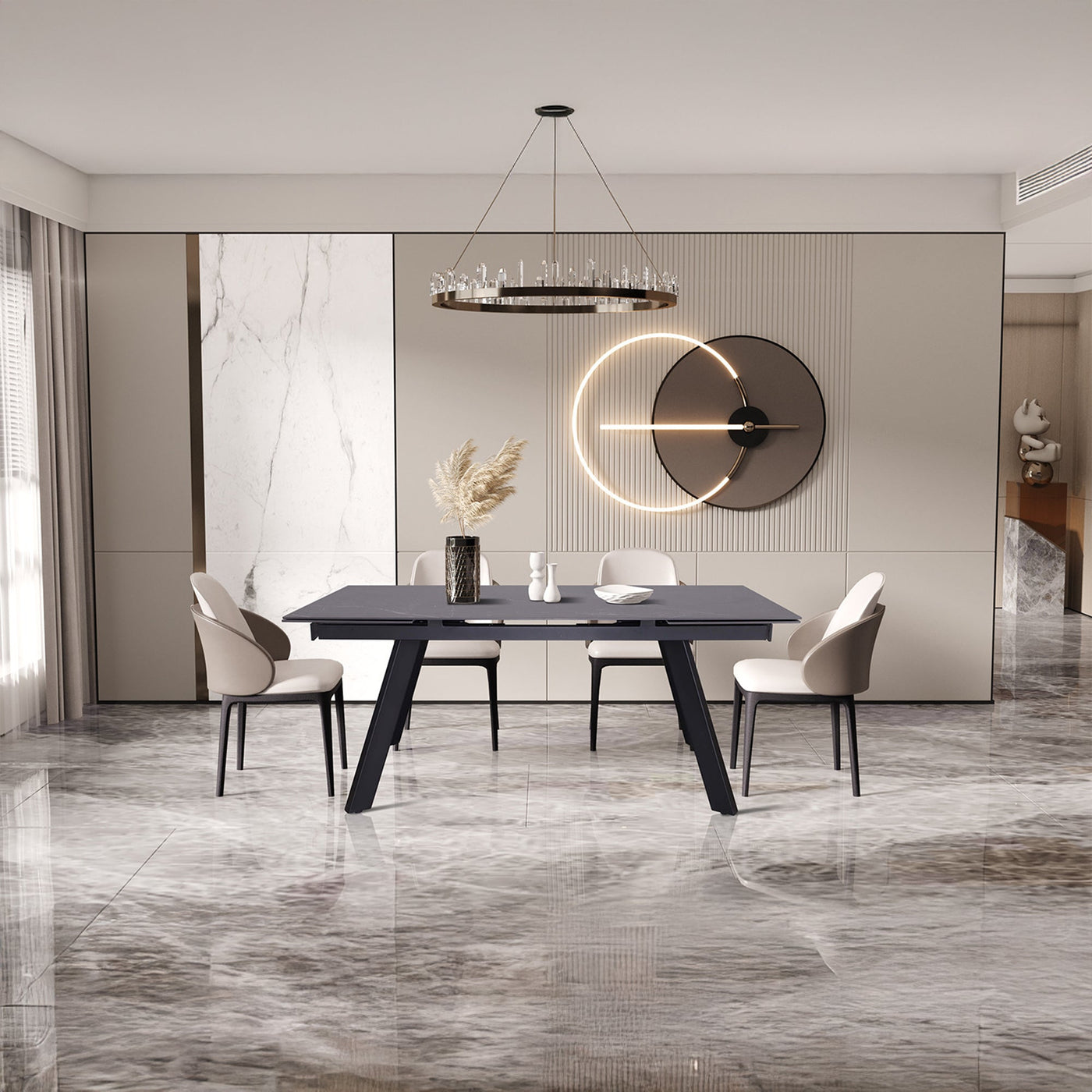 HERA Table extensible en pierre frittée noir pieds en métal noir 160-240 cm - Table à manger - Mobilier Deco