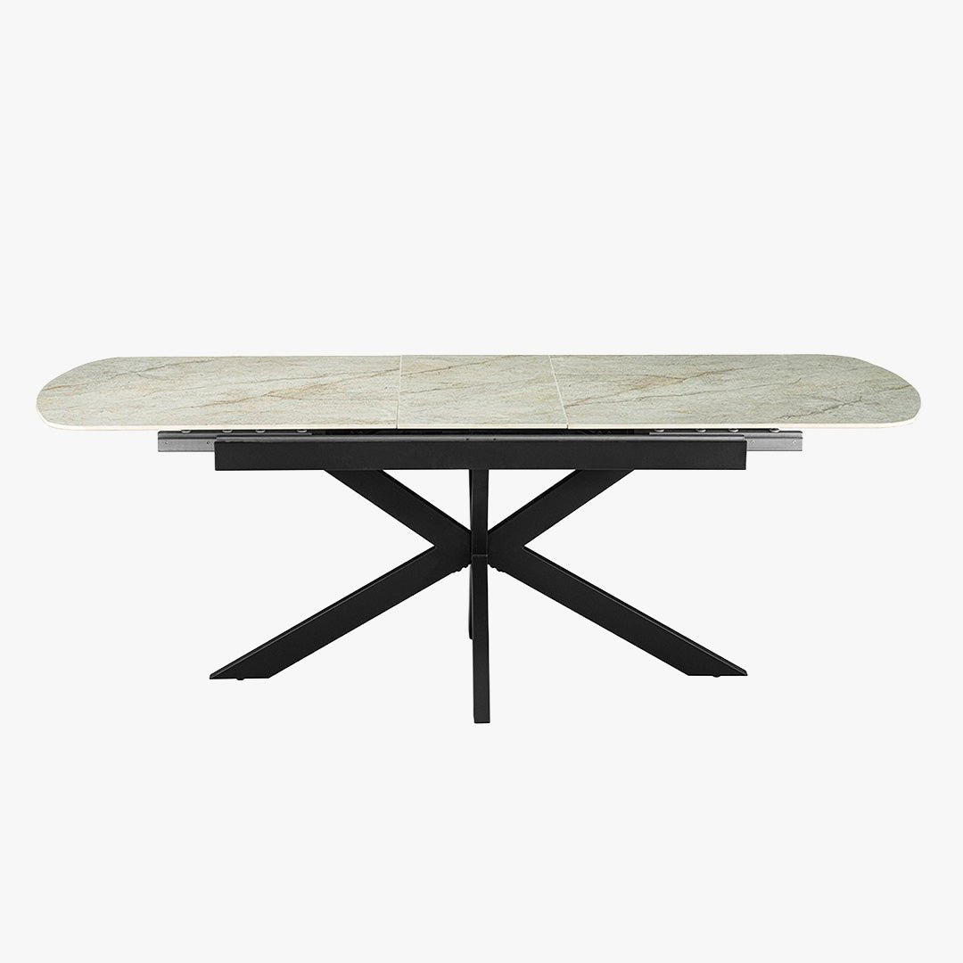 HESTIA Table extensible rectangulaire en pierre frittée beige pieds en métal noir 180-220 cm - Table à manger - Mobilier Deco