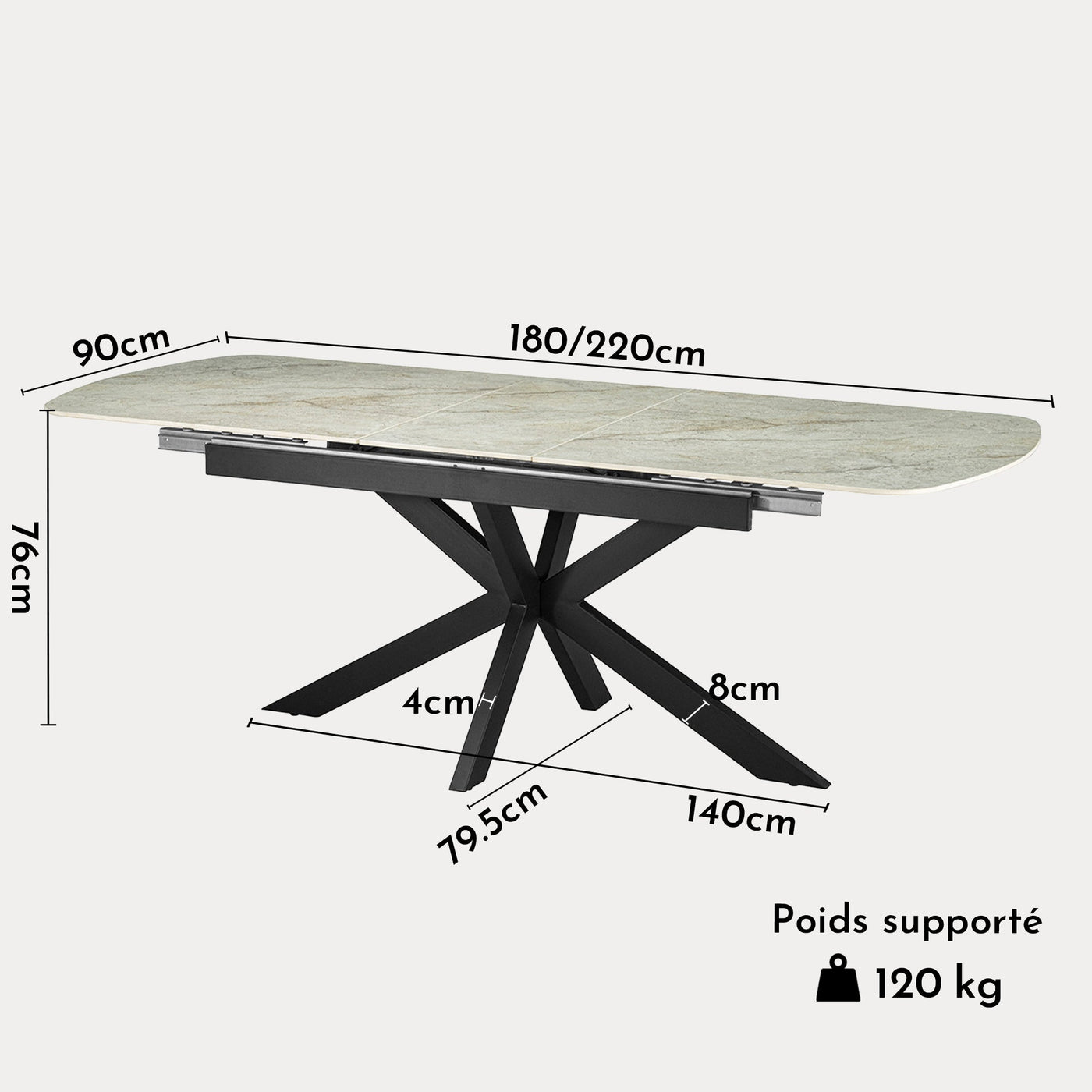 HESTIA Table extensible rectangulaire en pierre frittée beige pieds en métal noir 180-220 cm - Table à manger - Mobilier Deco