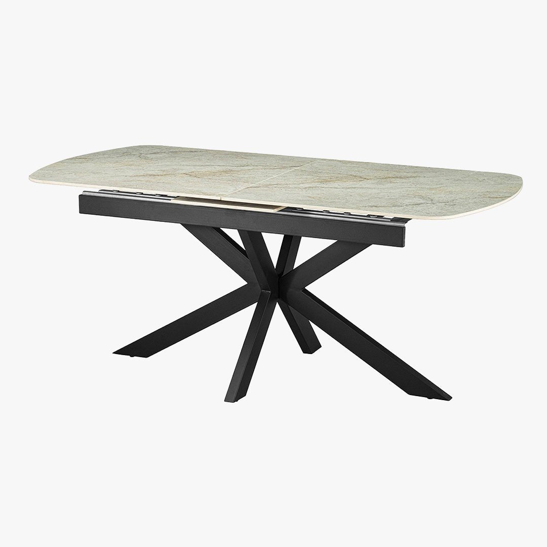 HESTIA Table extensible rectangulaire en pierre frittée beige pieds en métal noir 180-220 cm - Table à manger - Mobilier Deco
