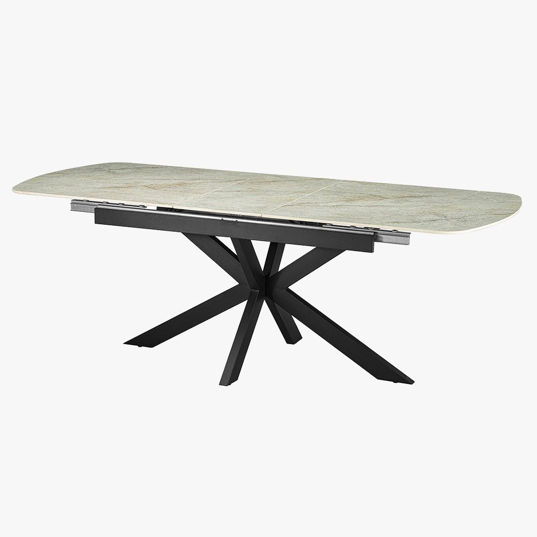 HESTIA Table extensible rectangulaire en pierre frittée beige pieds en métal noir 180-220 cm - Table à manger - Mobilier Deco