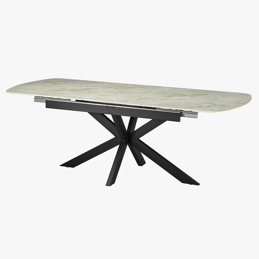 HESTIA Table extensible rectangulaire en pierre frittée beige pieds en métal noir 180-220 cm — aperçu vidéo