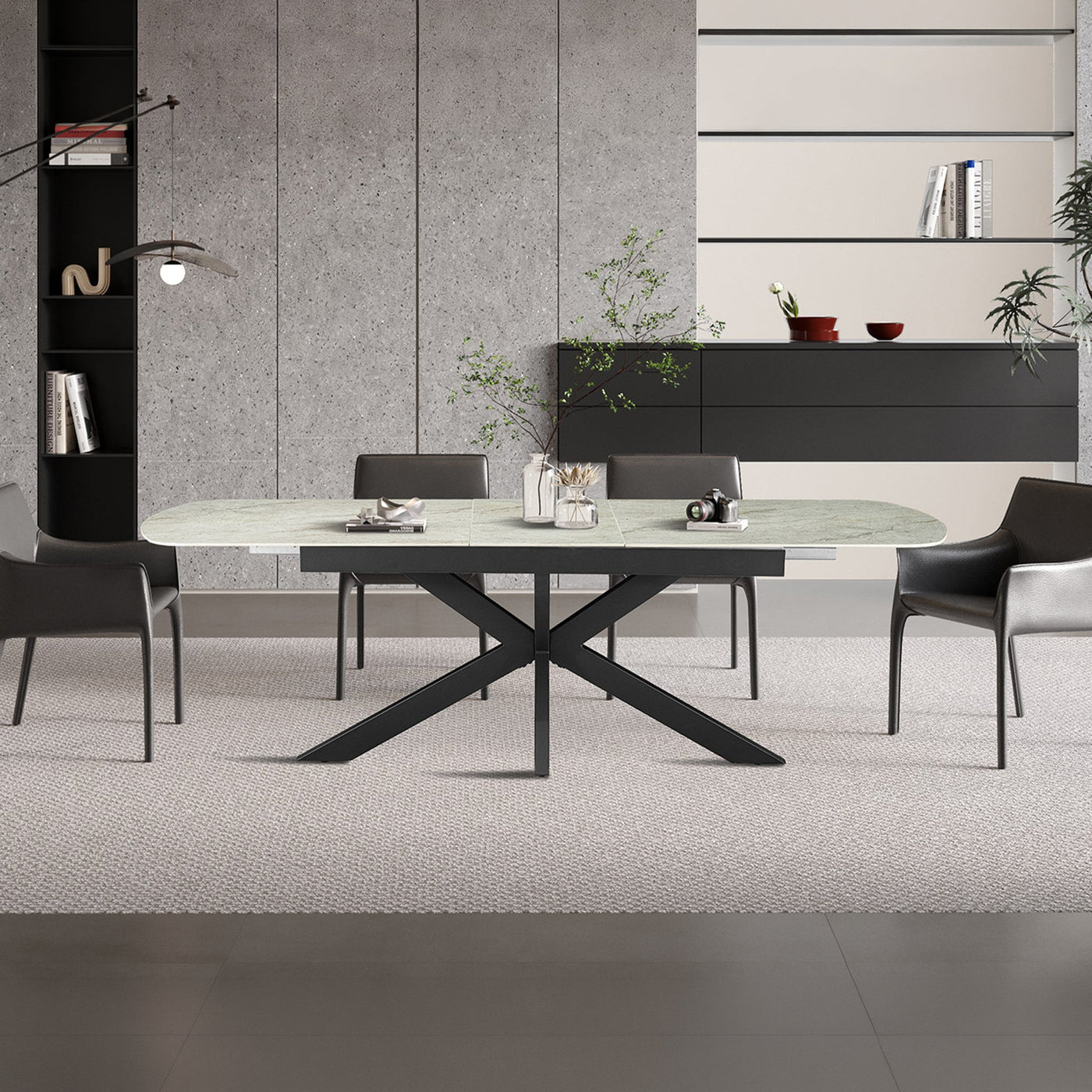 HESTIA Table extensible rectangulaire en pierre frittée beige pieds en métal noir 180-220 cm - Table à manger - Mobilier Deco