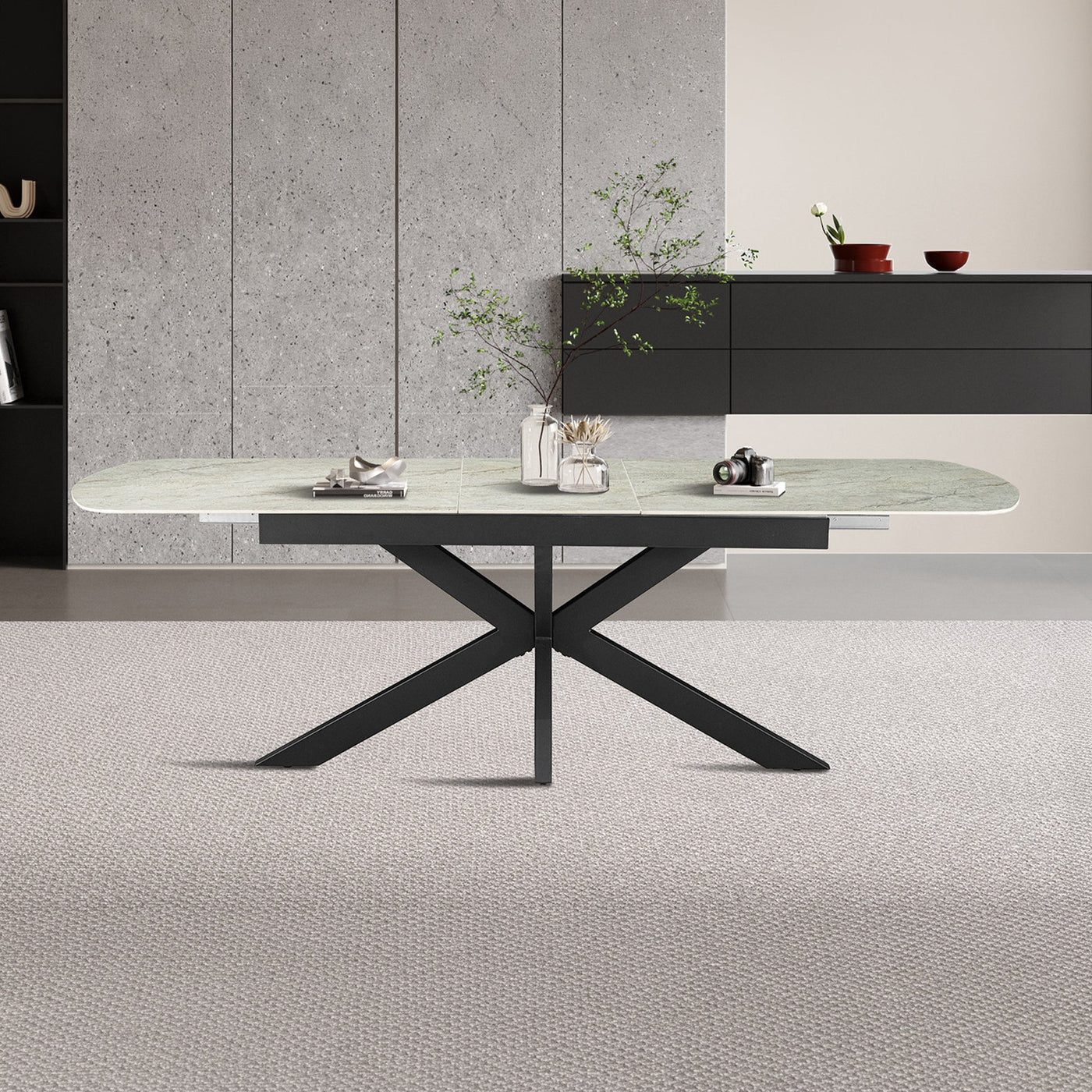 HESTIA Table extensible rectangulaire en pierre frittée beige pieds en métal noir 180-220 cm - Table à manger - Mobilier Deco