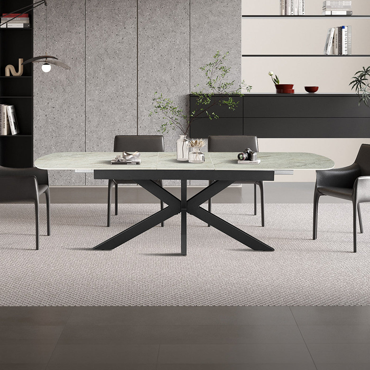 HESTIA Table extensible rectangulaire en pierre frittée beige pieds en métal noir 180-220 cm - Table à manger - Mobilier Deco