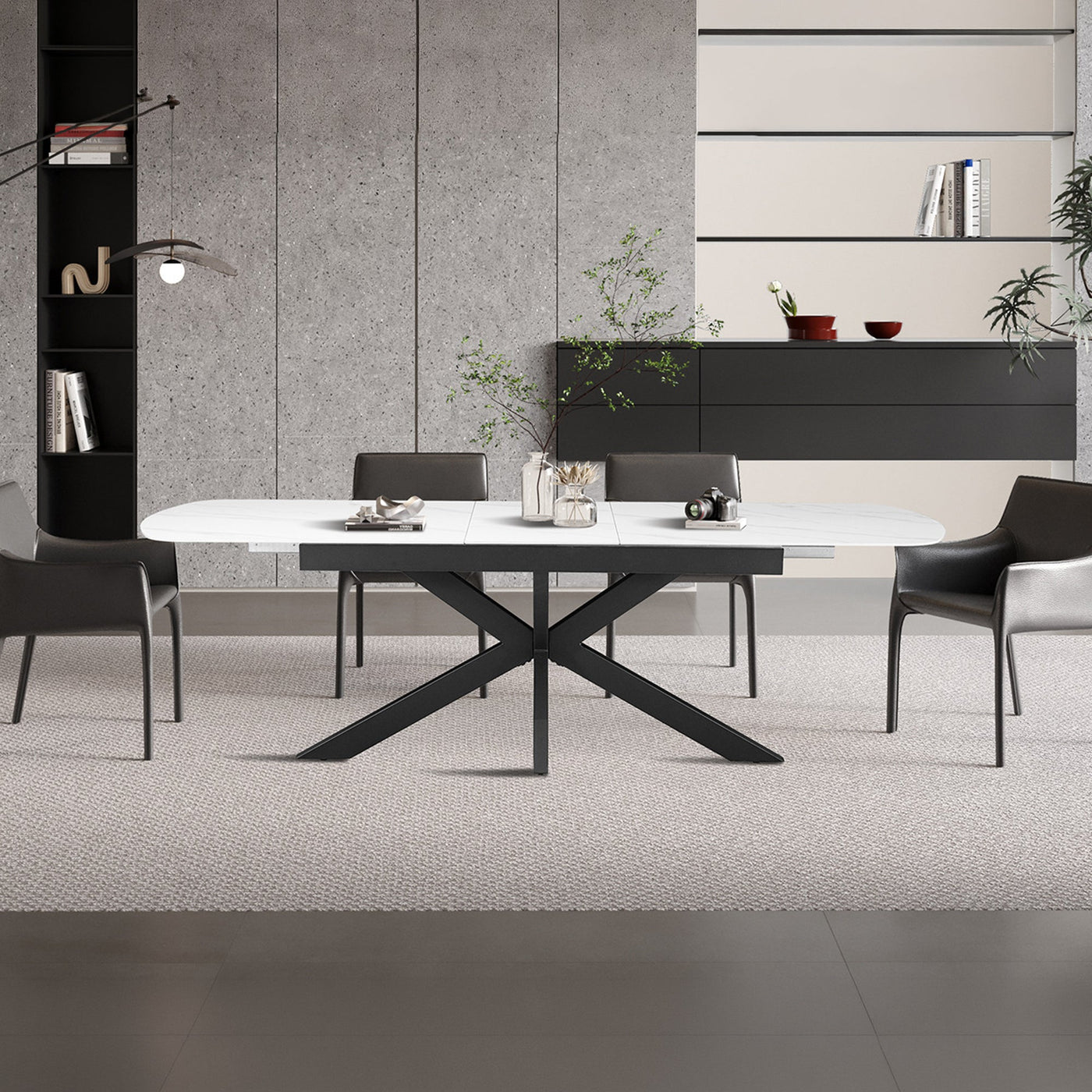 HESTIA Table extensible rectangulaire en pierre frittée blanc pieds en métal noir 180-220 cm - Table à manger - Mobilier Deco