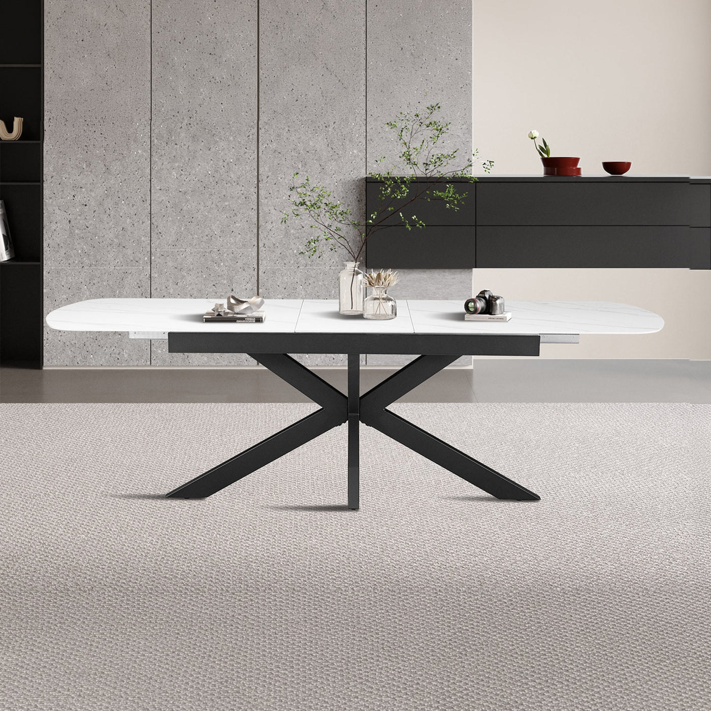 HESTIA Table extensible rectangulaire en pierre frittée blanc pieds en métal noir 180-220 cm - Table à manger - Mobilier Deco