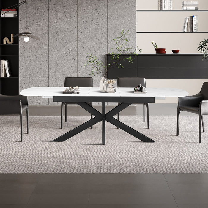 HESTIA Table extensible rectangulaire en pierre frittée blanc pieds en métal noir 180-220 cm