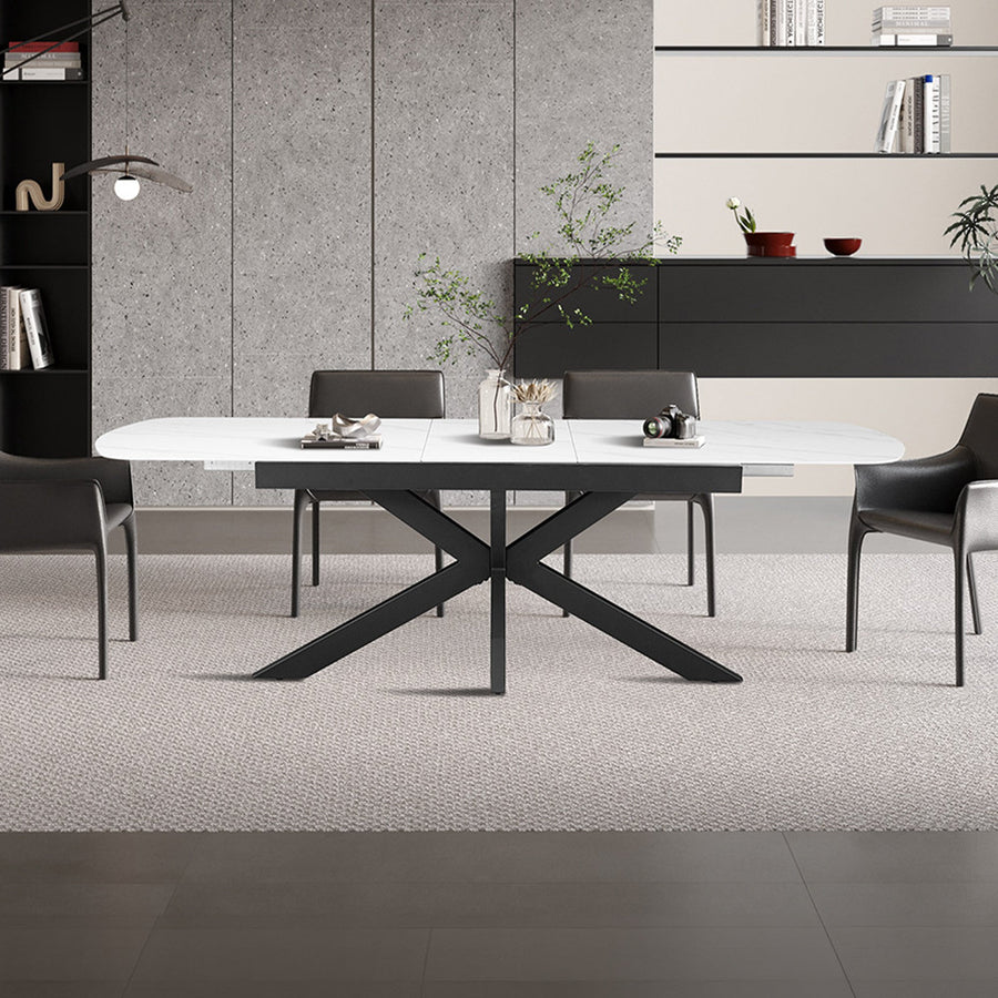 HESTIA Table extensible rectangulaire en pierre frittée blanc pieds en métal noir 180-220 cm — aperçu vidéo