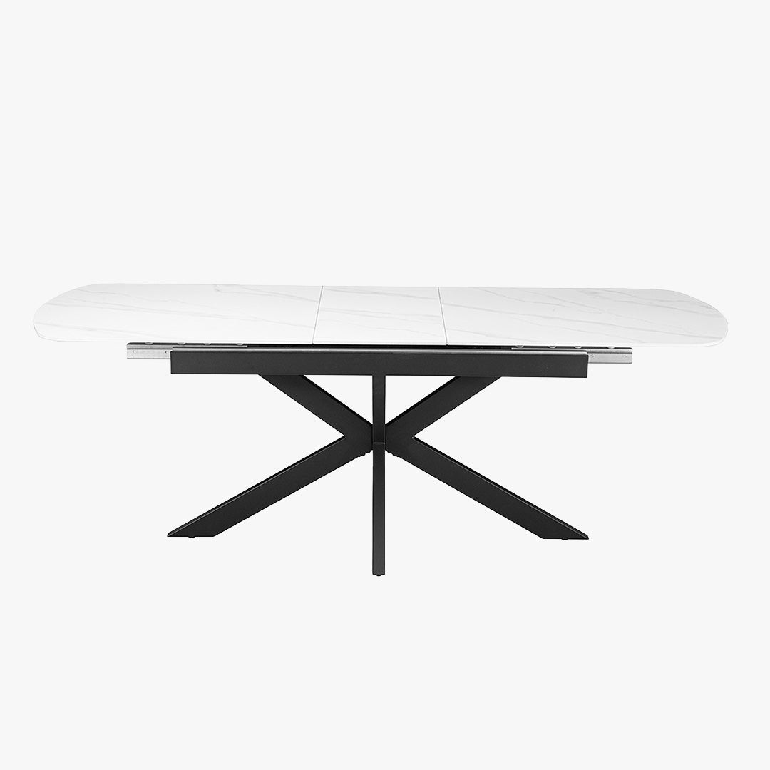HESTIA Table extensible rectangulaire en pierre frittée blanc pieds en métal noir 180-220 cm - Table à manger - Mobilier Deco