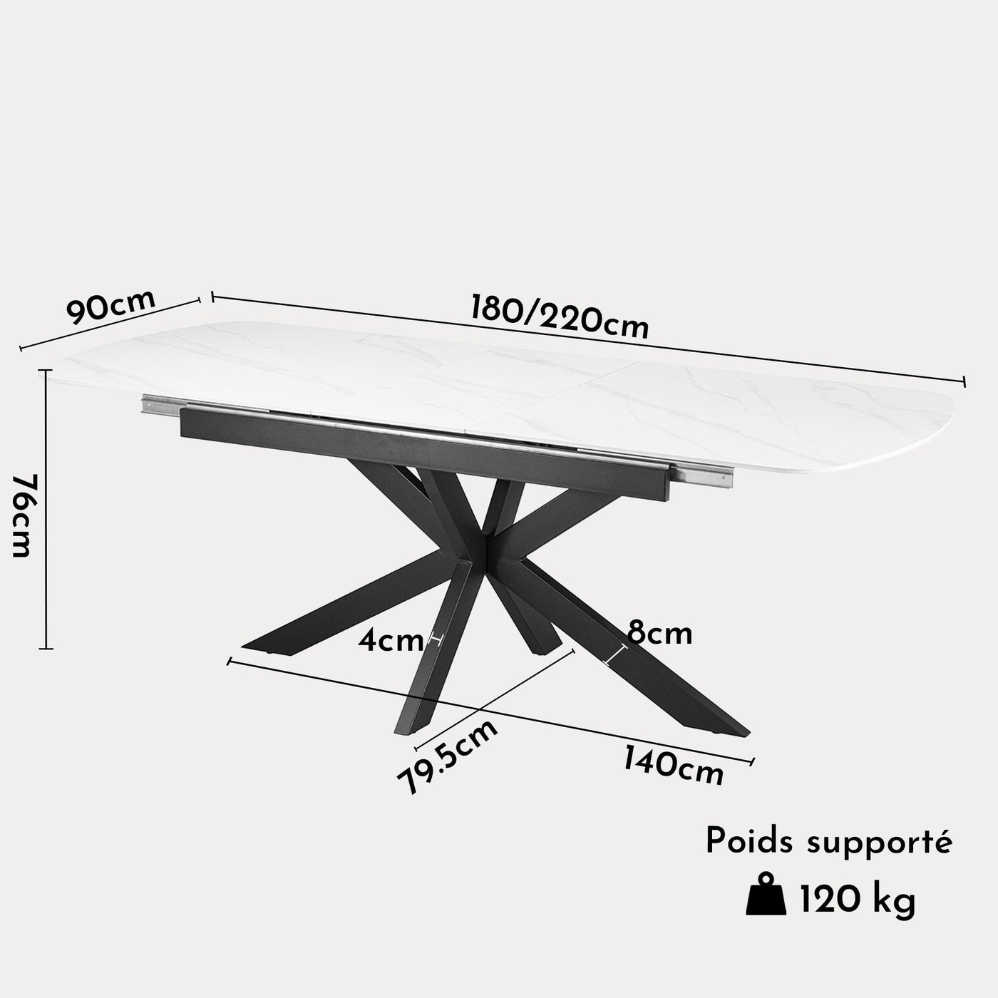 HESTIA Table extensible rectangulaire en pierre frittée blanc pieds en métal noir 180-220 cm - Table à manger - Mobilier Deco