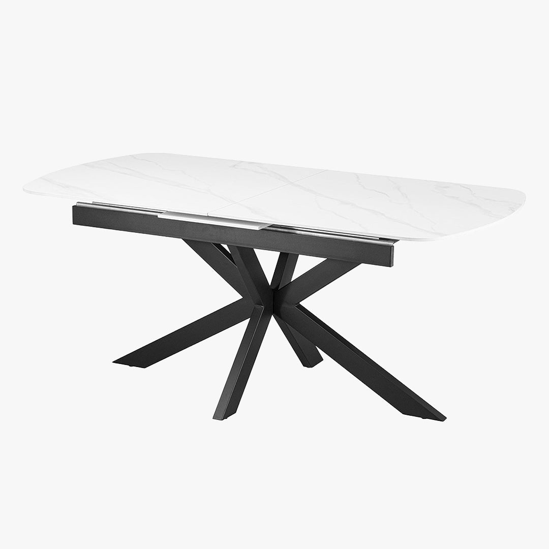 HESTIA Table extensible rectangulaire en pierre frittée blanc pieds en métal noir 180-220 cm - Table à manger - Mobilier Deco