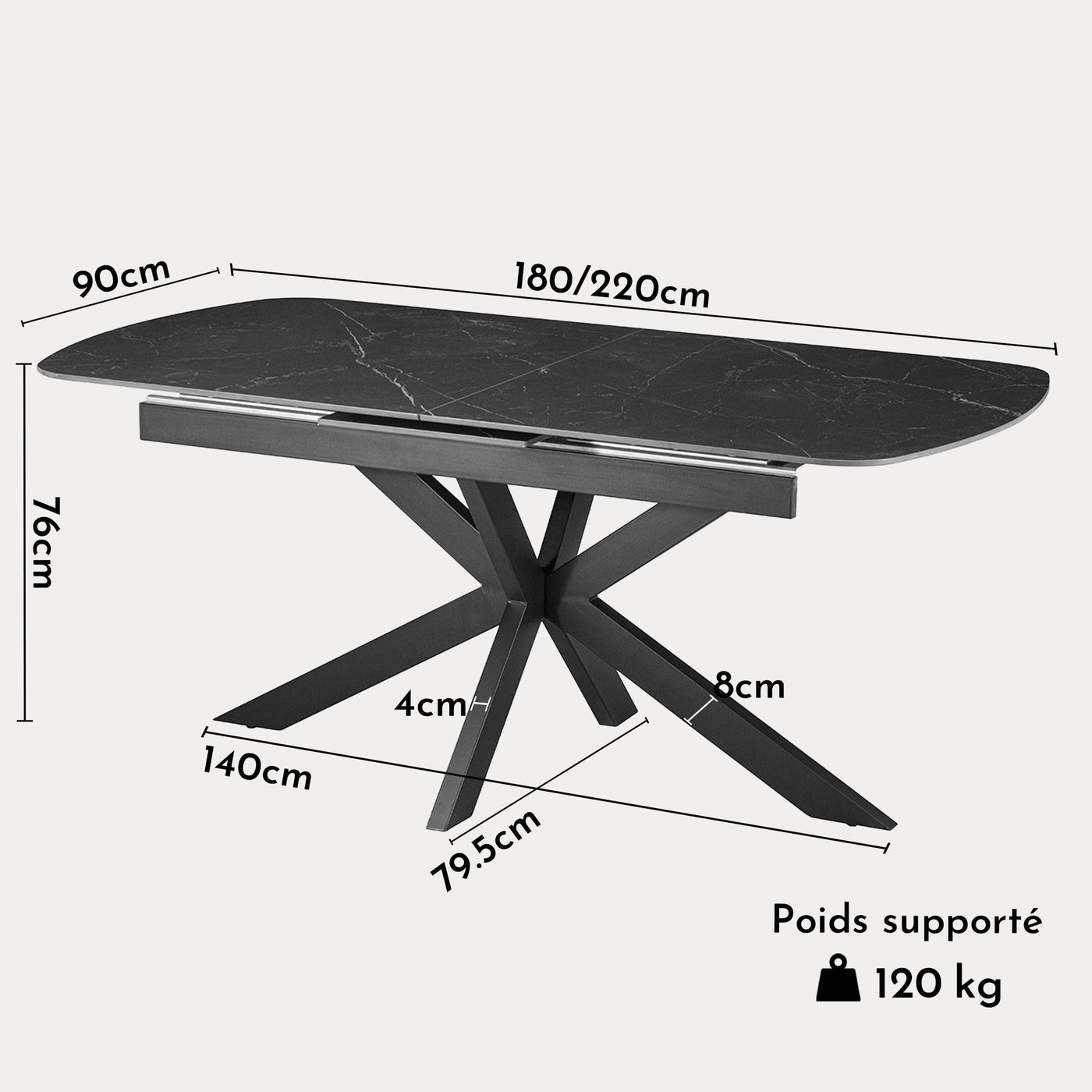 HESTIA Table extensible rectangulaire en pierre frittée noir pieds en métal noir 180-220 cm - Table à manger - Mobilier Deco