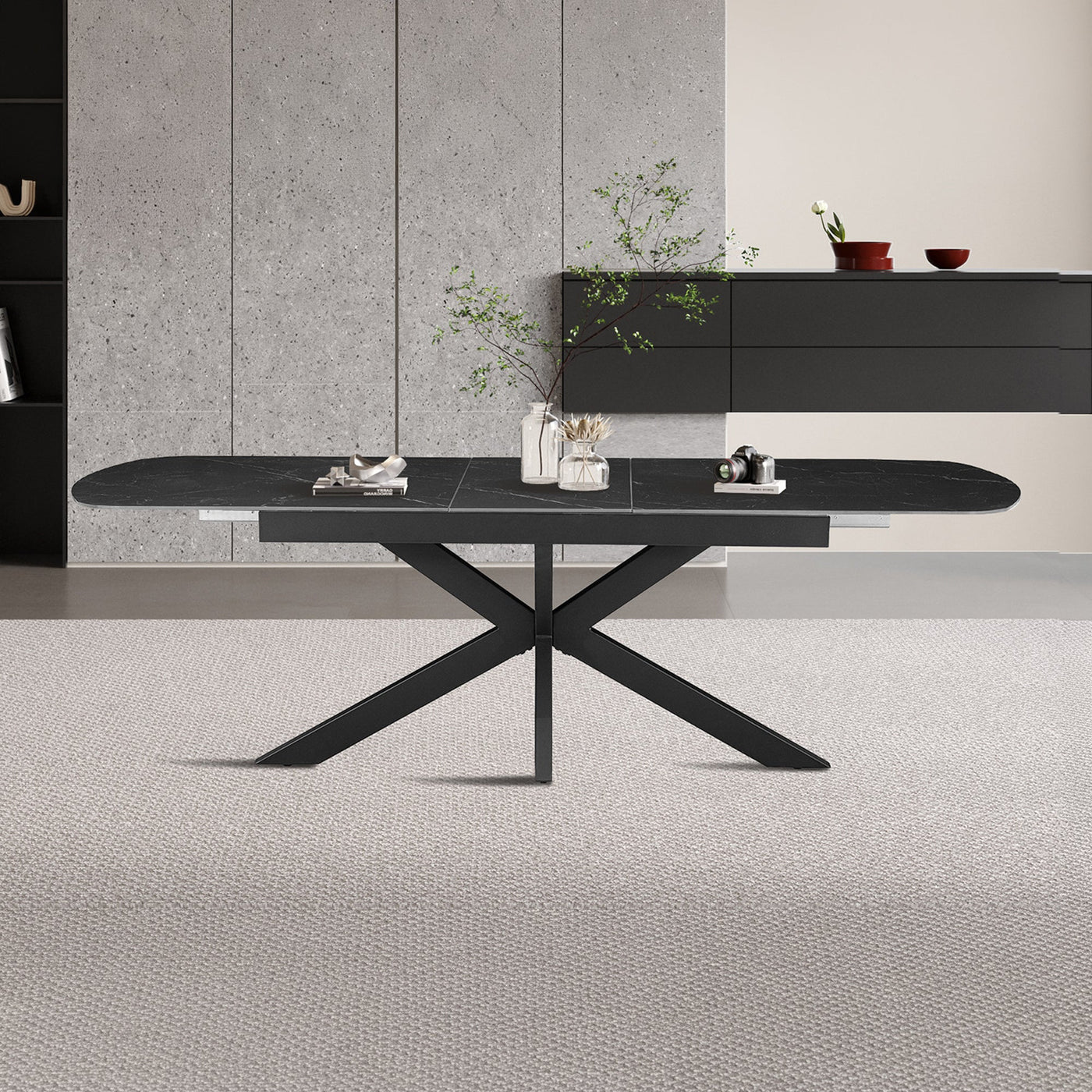 HESTIA Table extensible rectangulaire en pierre frittée noir pieds en métal noir 180-220 cm - Table à manger - Mobilier Deco