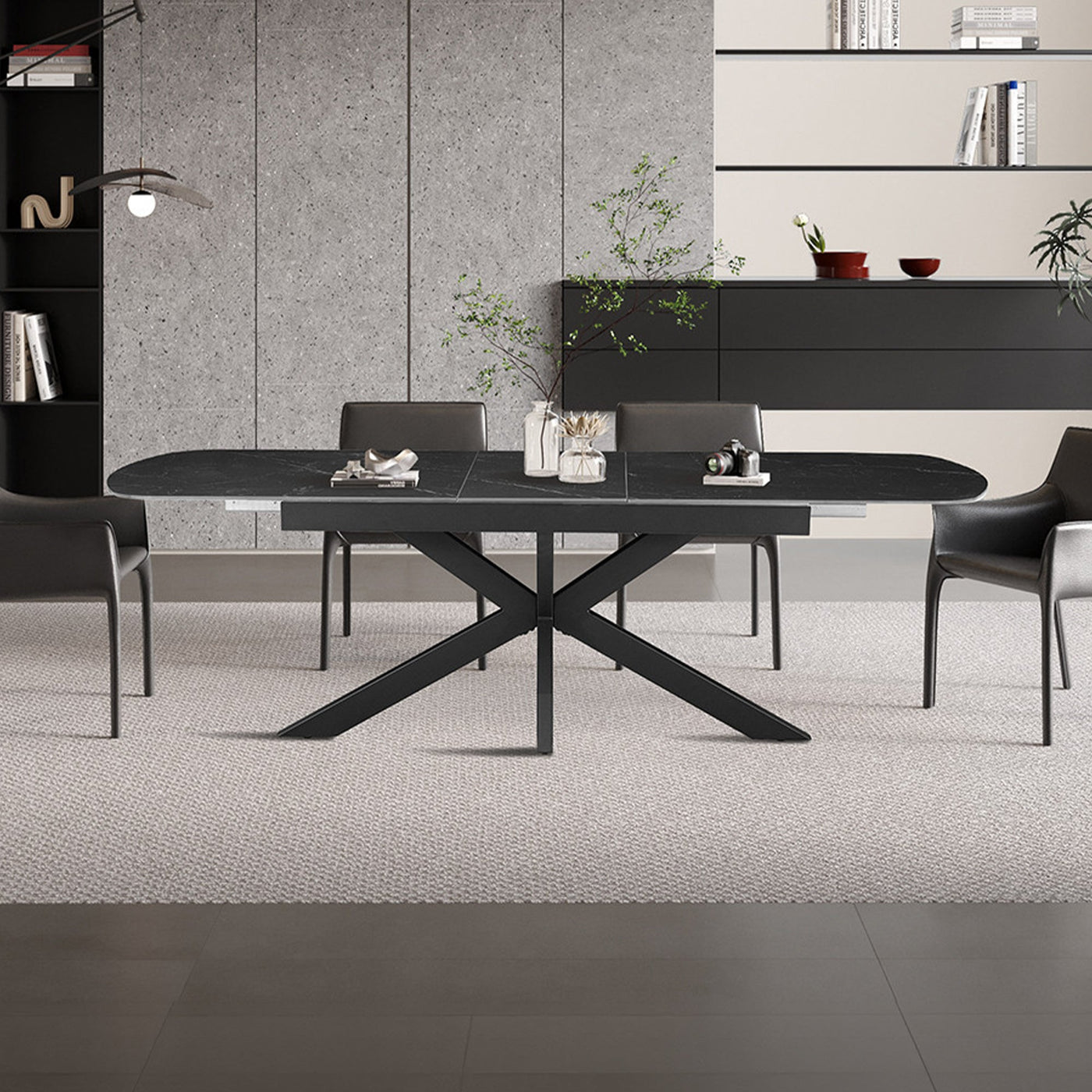 HESTIA Table extensible rectangulaire en pierre frittée noir pieds en métal noir 180-220 cm - Table à manger - Mobilier Deco