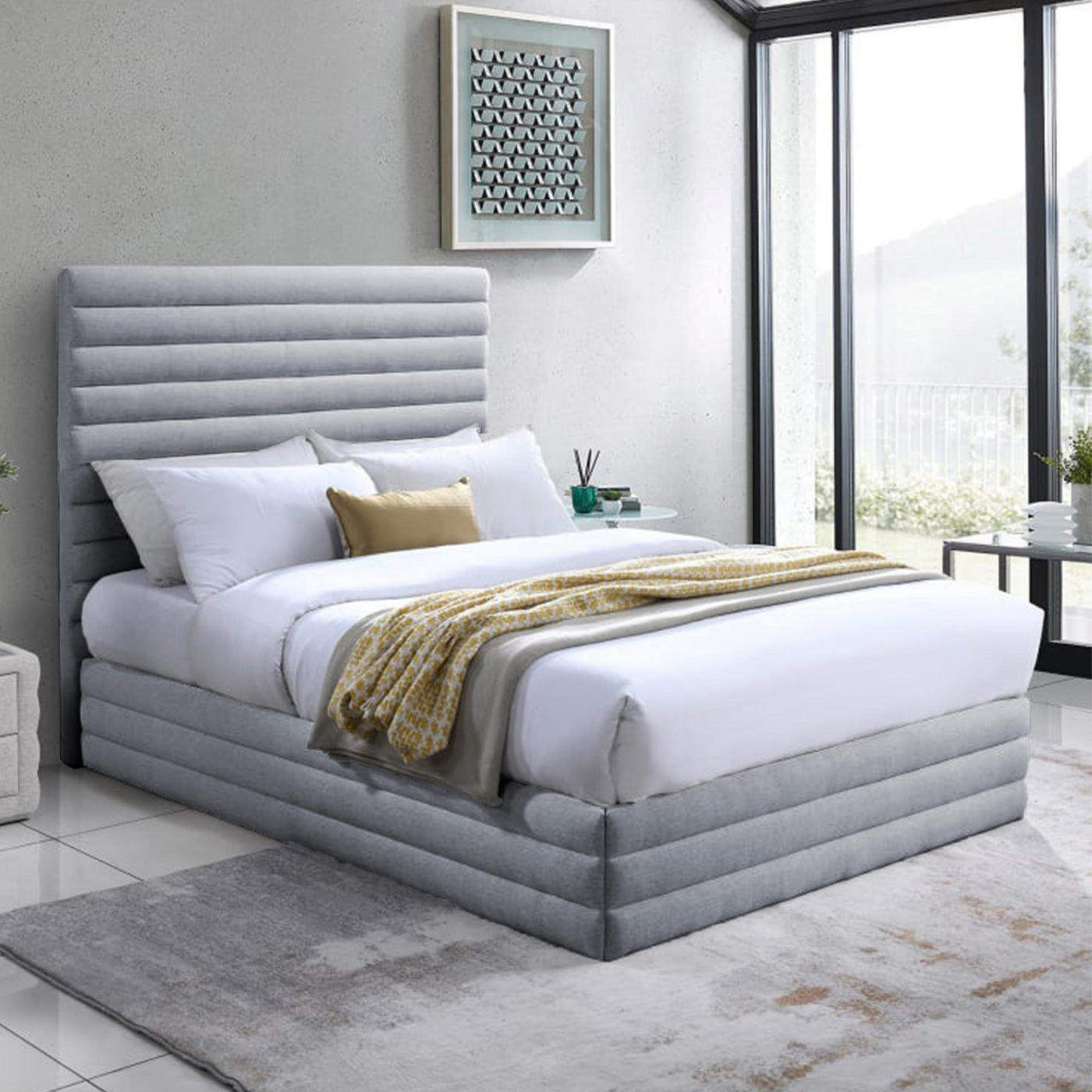 INDIRA Lit double en tissu chiné gris 140x190 cm - Lits - Mobilier Deco