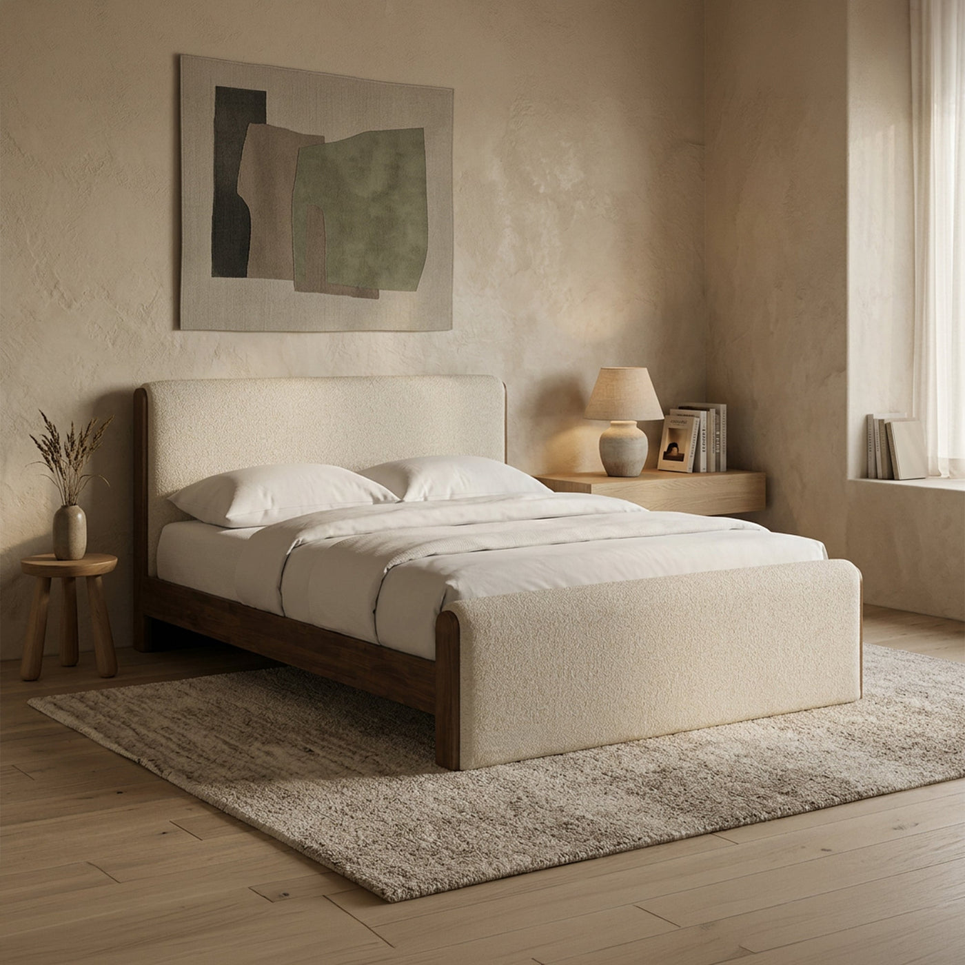 IREL Lit double en tissu beige et bois foncé 180x200 cm - Lits - Mobilier Deco