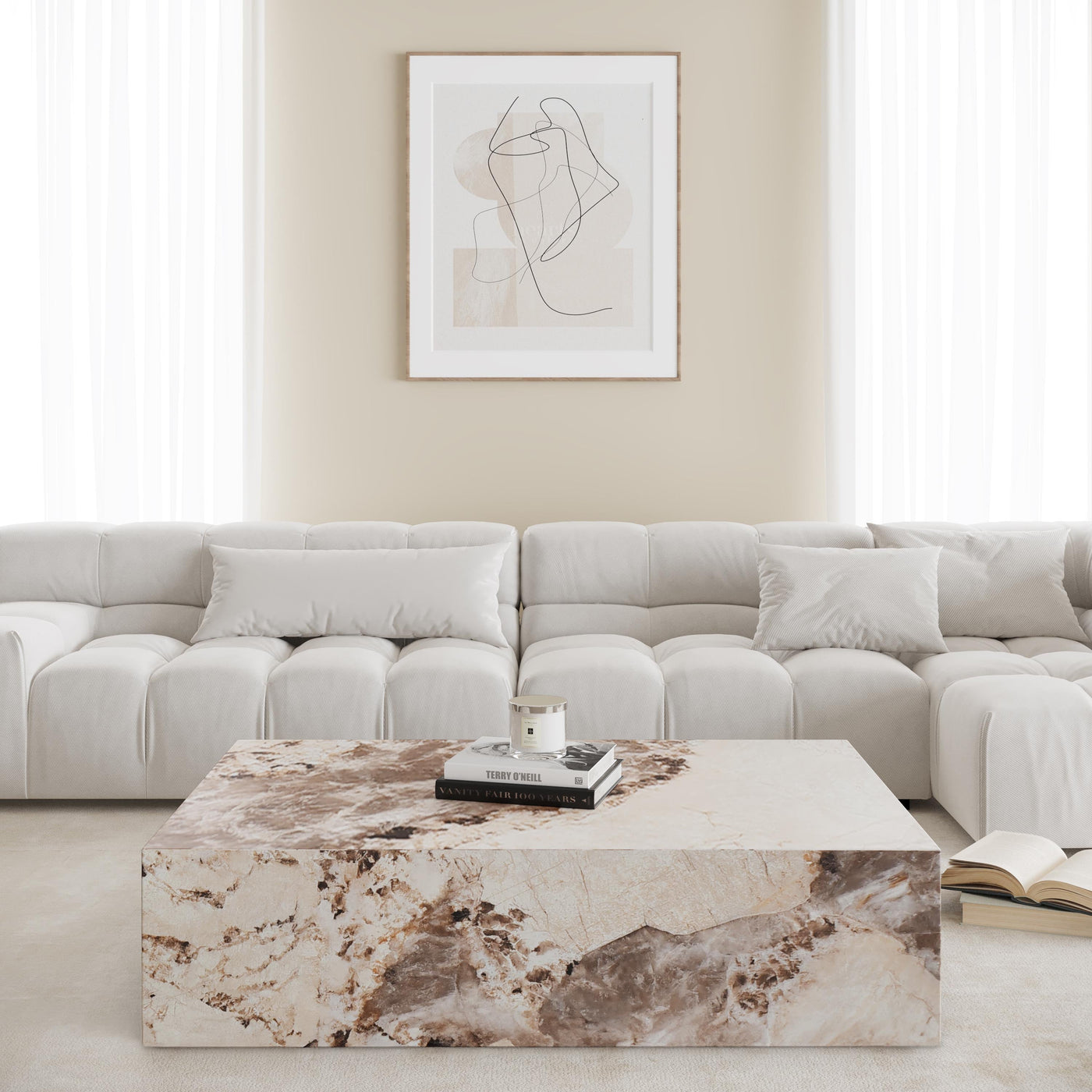 ISBEL Table basse rectangulaire marbre d'ingénierie beige et marron - Table basse - Mobilier Deco