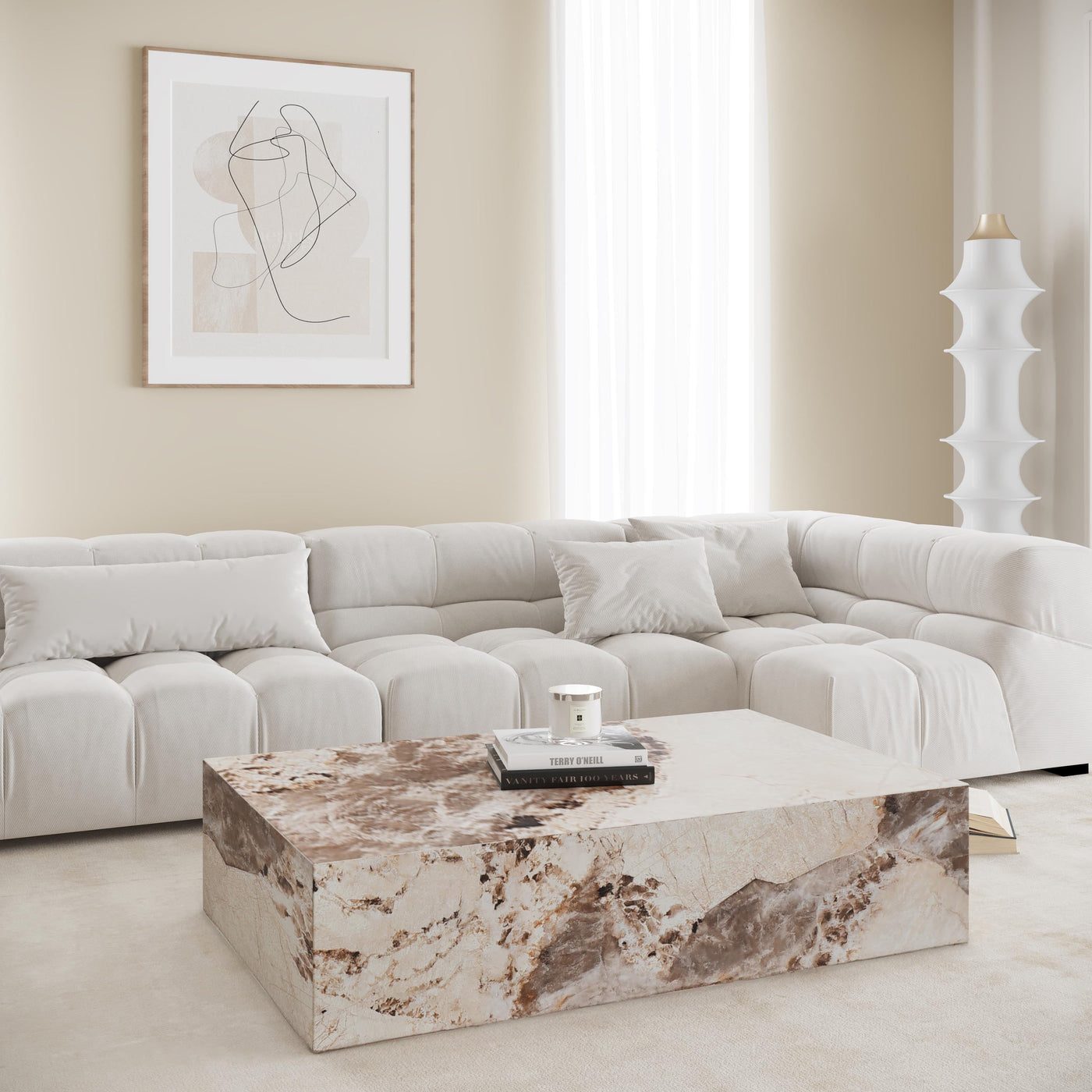 ISBEL Table basse rectangulaire marbre d'ingénierie beige et marron - Table basse - Mobilier Deco