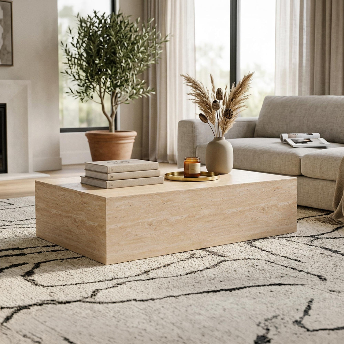 ISBEL Table basse rectangulaire marbre d'ingénierie couleur travertin - Table basse - Mobilier Deco