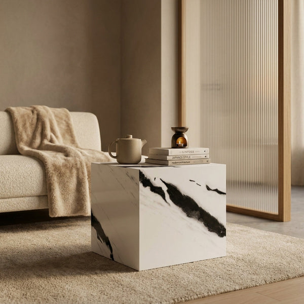 JASMIA Table basse carré marbre d'ingénierie blanc et noir