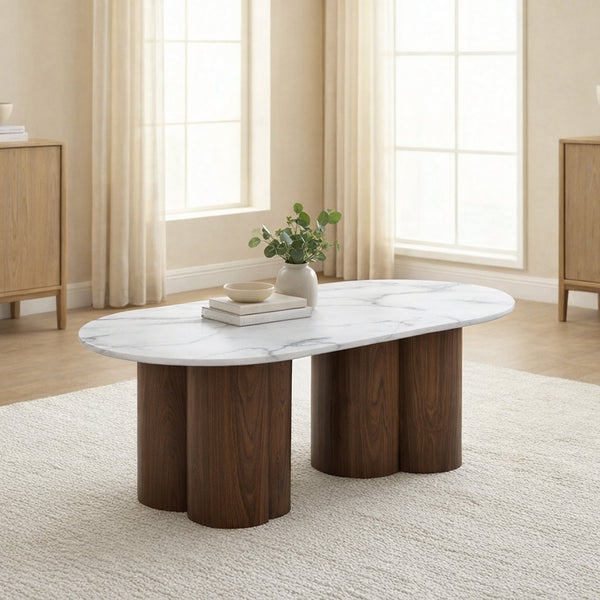 JASMINA Table basse ovale en marbre composite pieds couleur bois foncé 120 cm