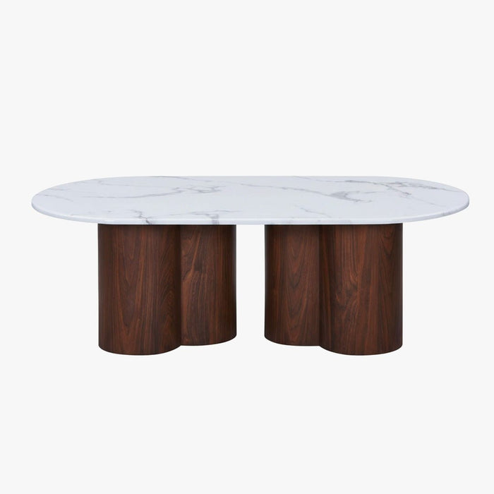 JASMINA Table basse ovale en marbre composite pieds couleur bois foncé 120 cm