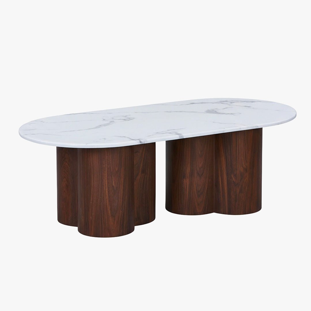 JASMINA Table basse ovale en marbre composite pieds couleur bois foncé 120 cm - Table basse - Mobilier Deco