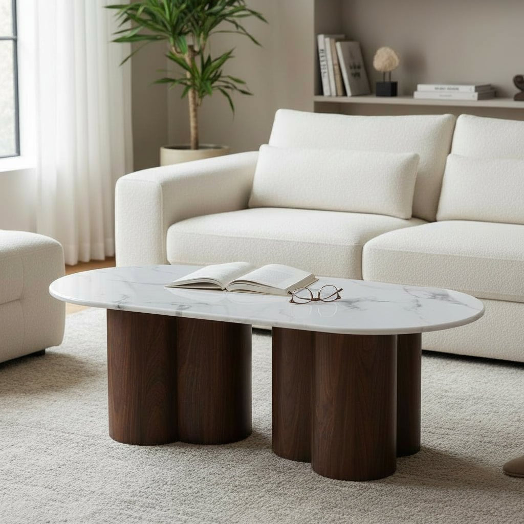 JASMINA Table basse ovale en marbre composite pieds couleur bois foncé 120 cm - Table basse - Mobilier Deco