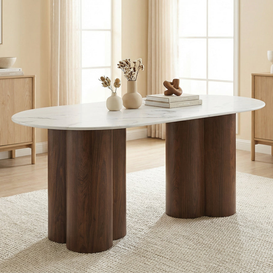 JASMINA XL Table à manger ovale en marbre composite pieds couleur bois foncé 180 cm — aperçu vidéo