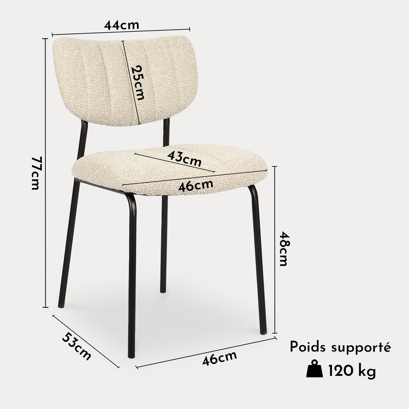 JAYDA Lot de 2 chaises en tissu beige piètement métal noir - Chaise de repas - Mobilier Deco