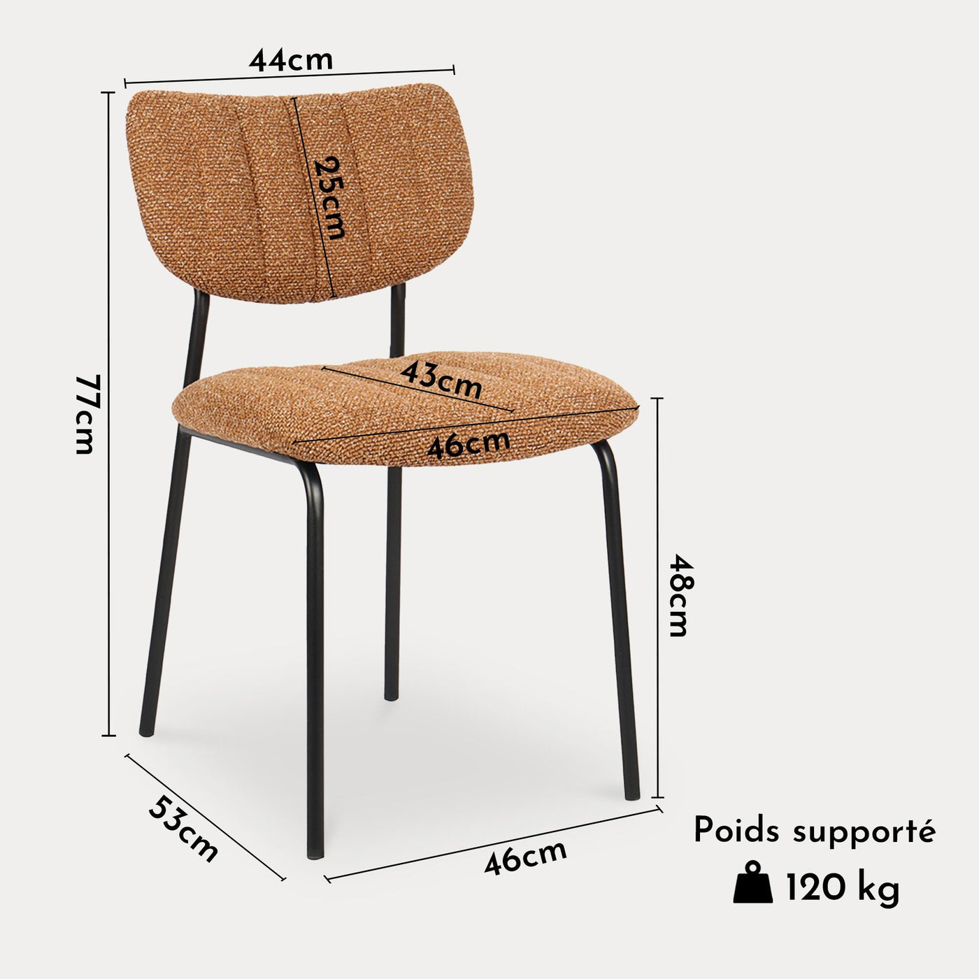 JAYDA Lot de 2 chaises en tissu orange piètement métal noir - Chaise de repas - Mobilier Deco