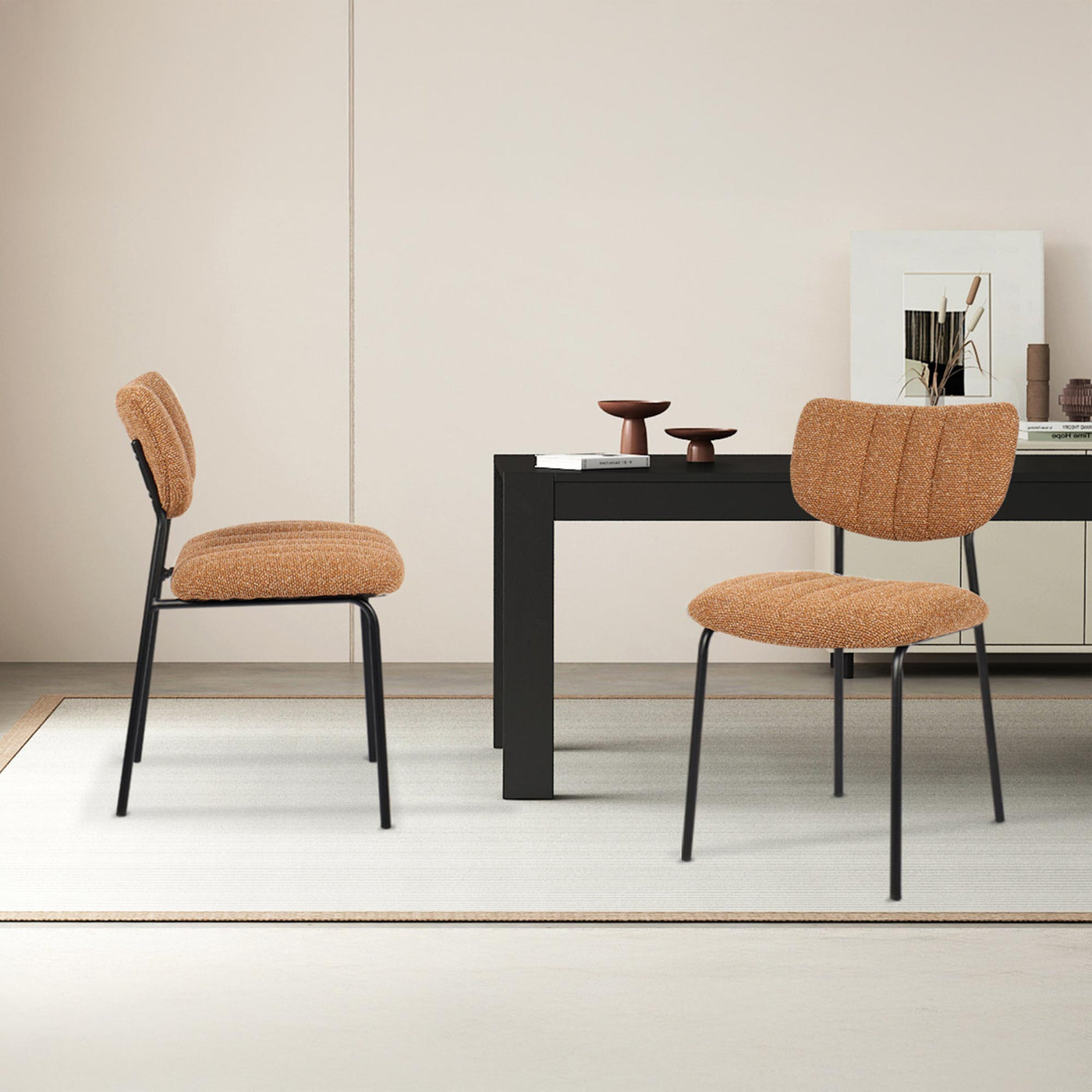 JAYDA Lot de 2 chaises en tissu orange piètement métal noir - Chaise de repas - Mobilier Deco