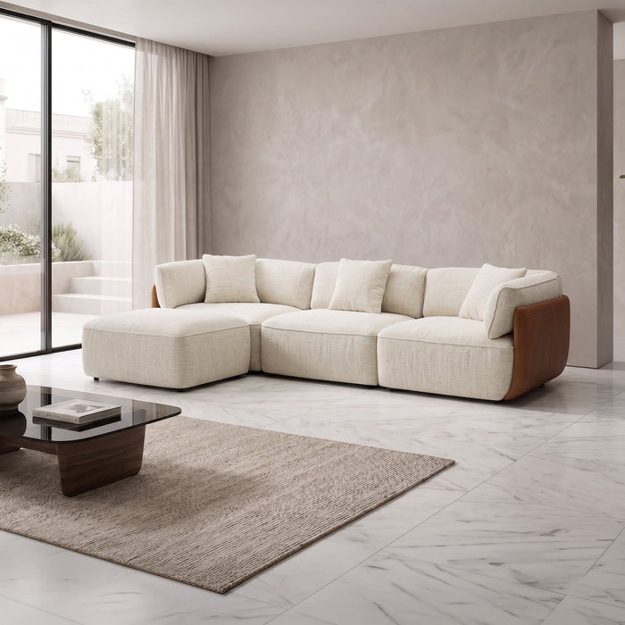 JENY Canapé d'angle modulable en tissu beige dossier en simili cuir marron