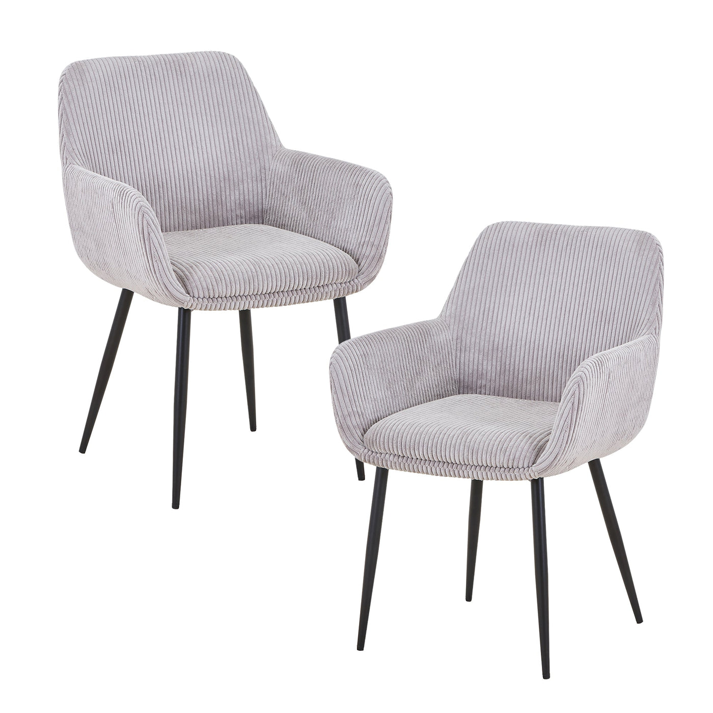 JESSIE Lot de 2 chaises en velours côtelé gris clair pieds en métal noir - Chaise de repas - Mobilier Deco