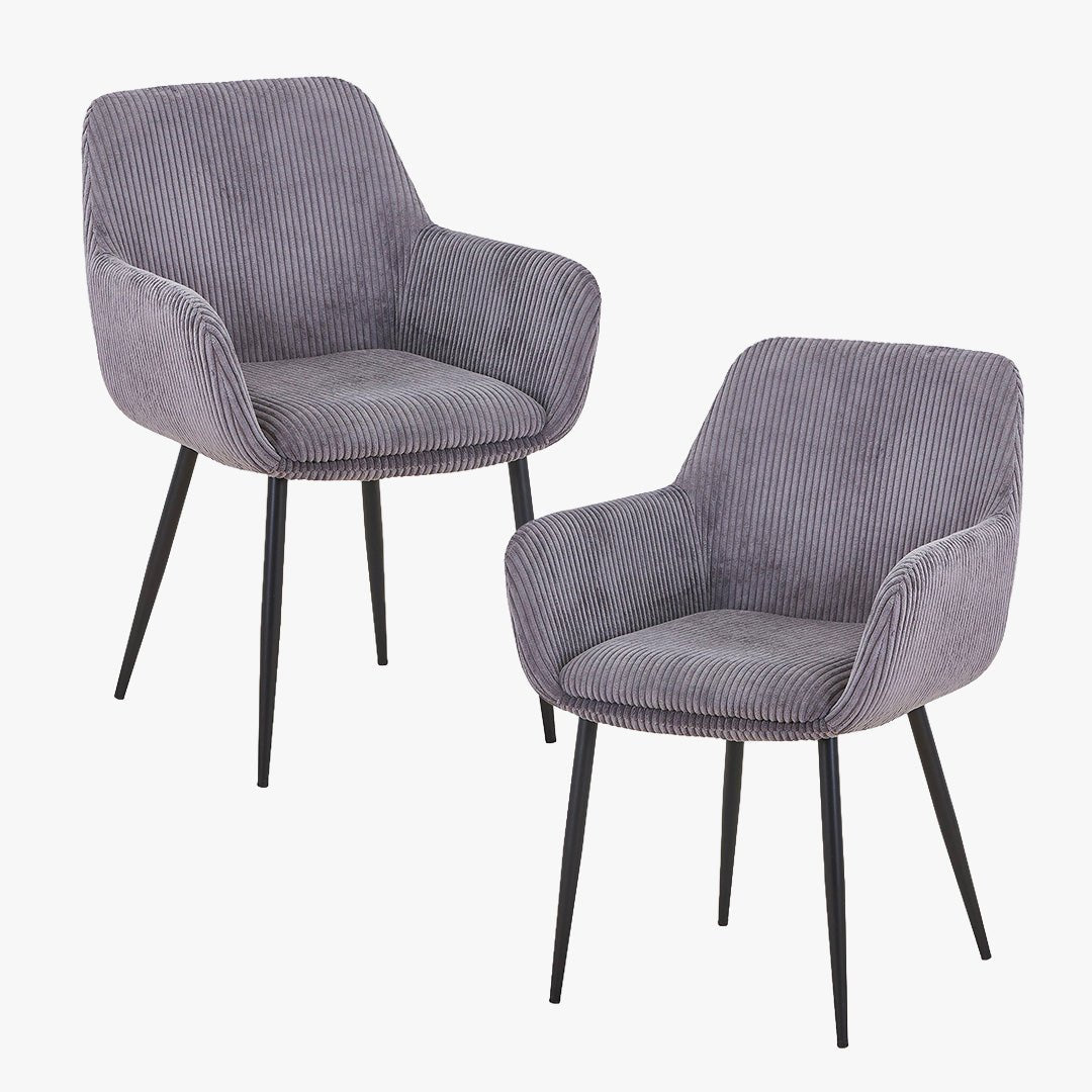 JESSIE Lot de 2 chaises en velours côtelé gris foncé pieds en métal noir - Chaise de repas - Mobilier Deco