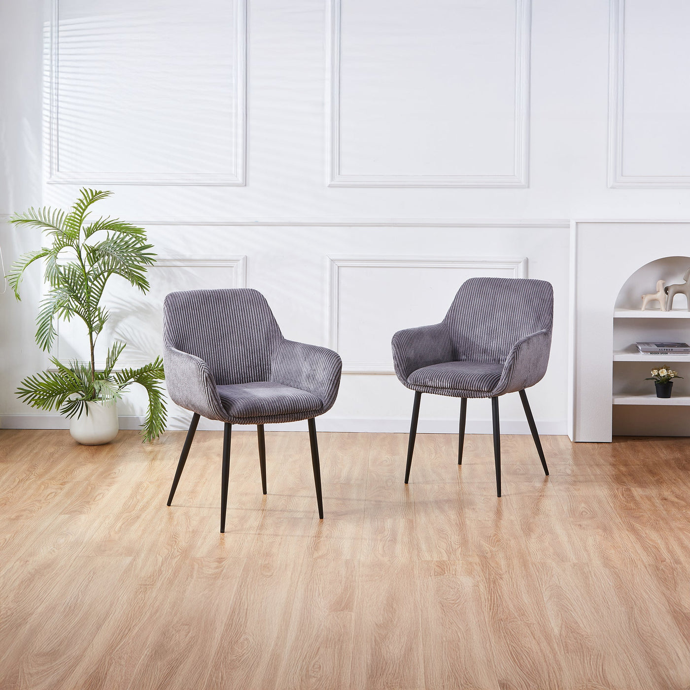 JESSIE Lot de 2 chaises en velours côtelé gris foncé pieds en métal noir - Chaise de repas - Mobilier Deco