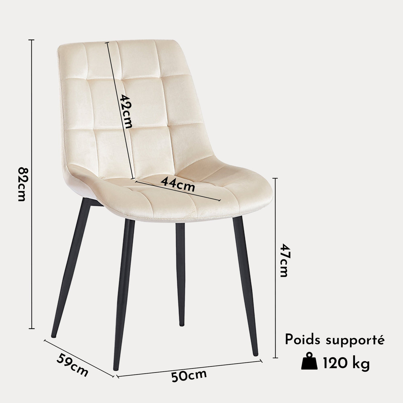 JEYA Lot de 2 chaises en velours beige pieds en métal noir - Chaise de repas - Mobilier Deco