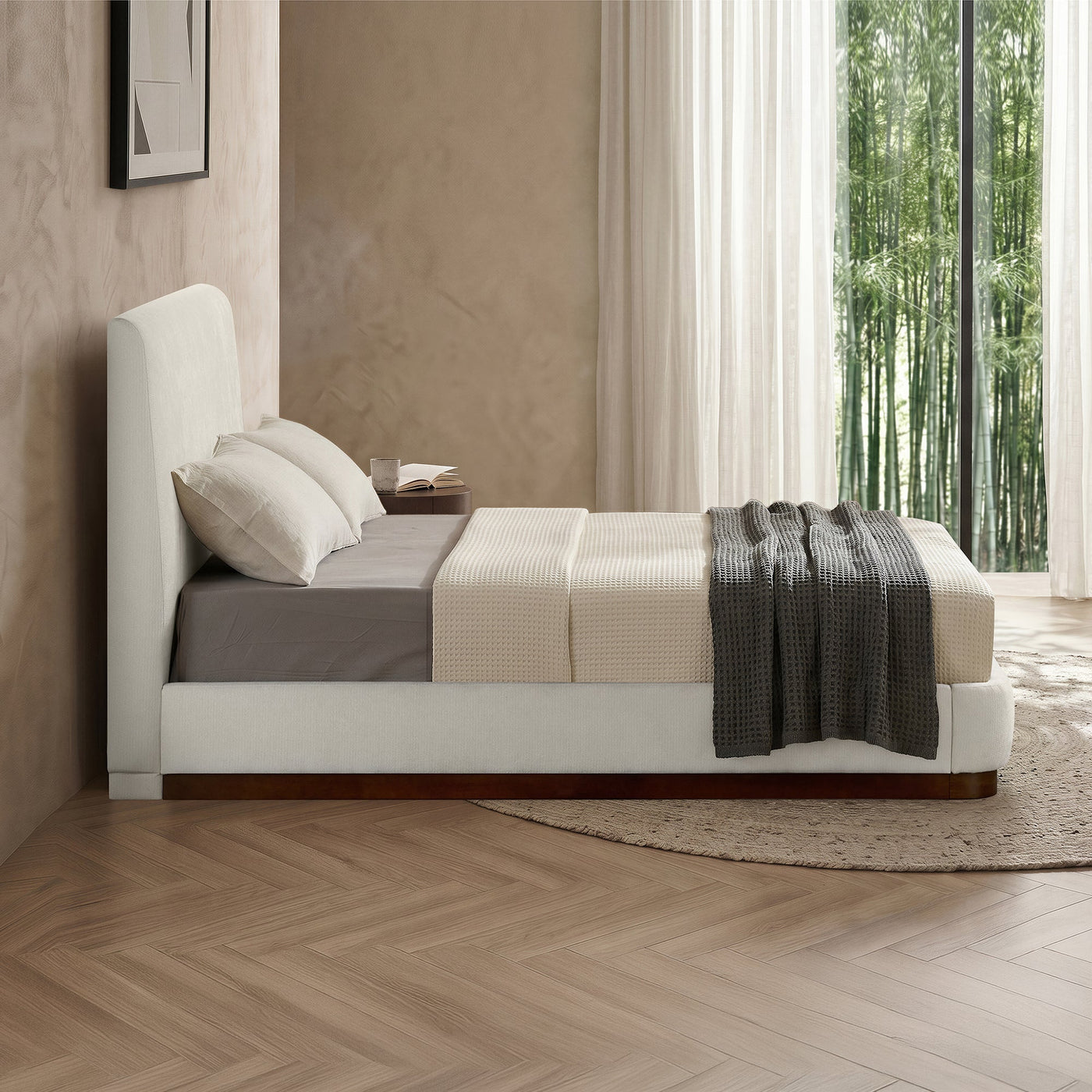 JODIE Lit double en tissu beige et bois foncé 140x190 cm - Lits - Mobilier Deco