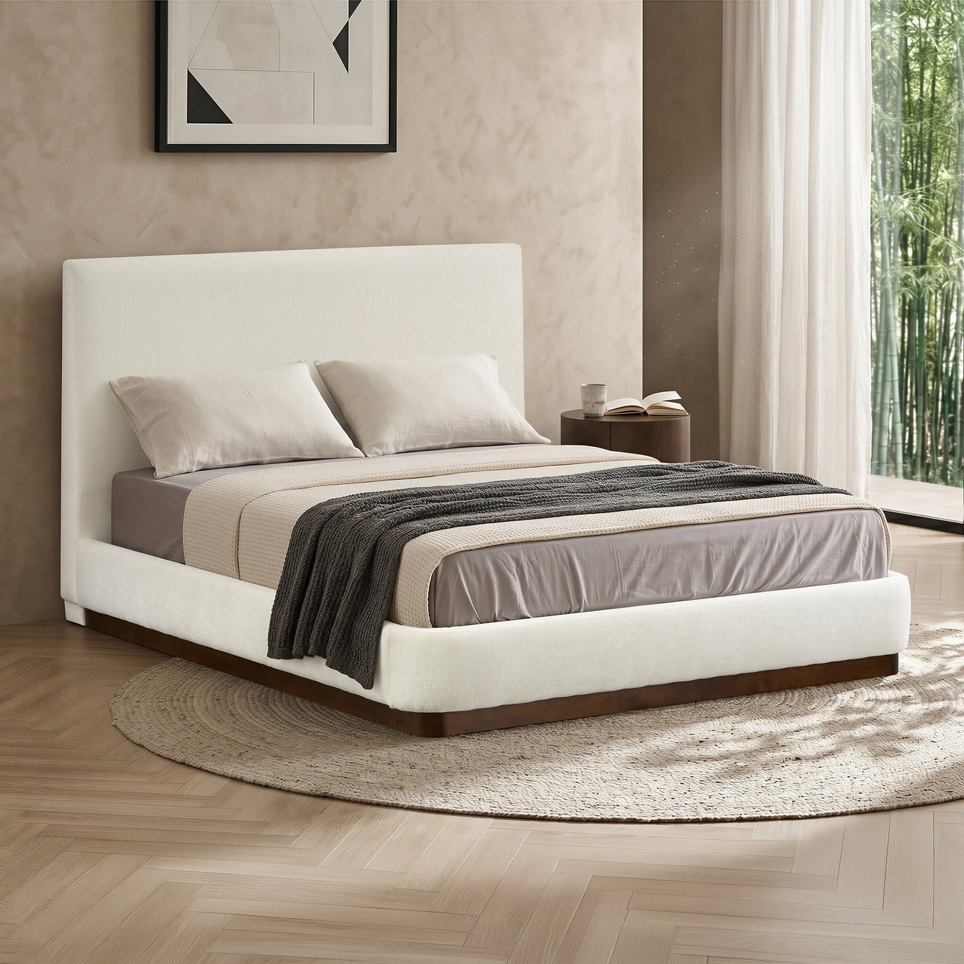 JODIE Lit double en tissu beige et bois foncé 140x190 cm - Lits - Mobilier Deco